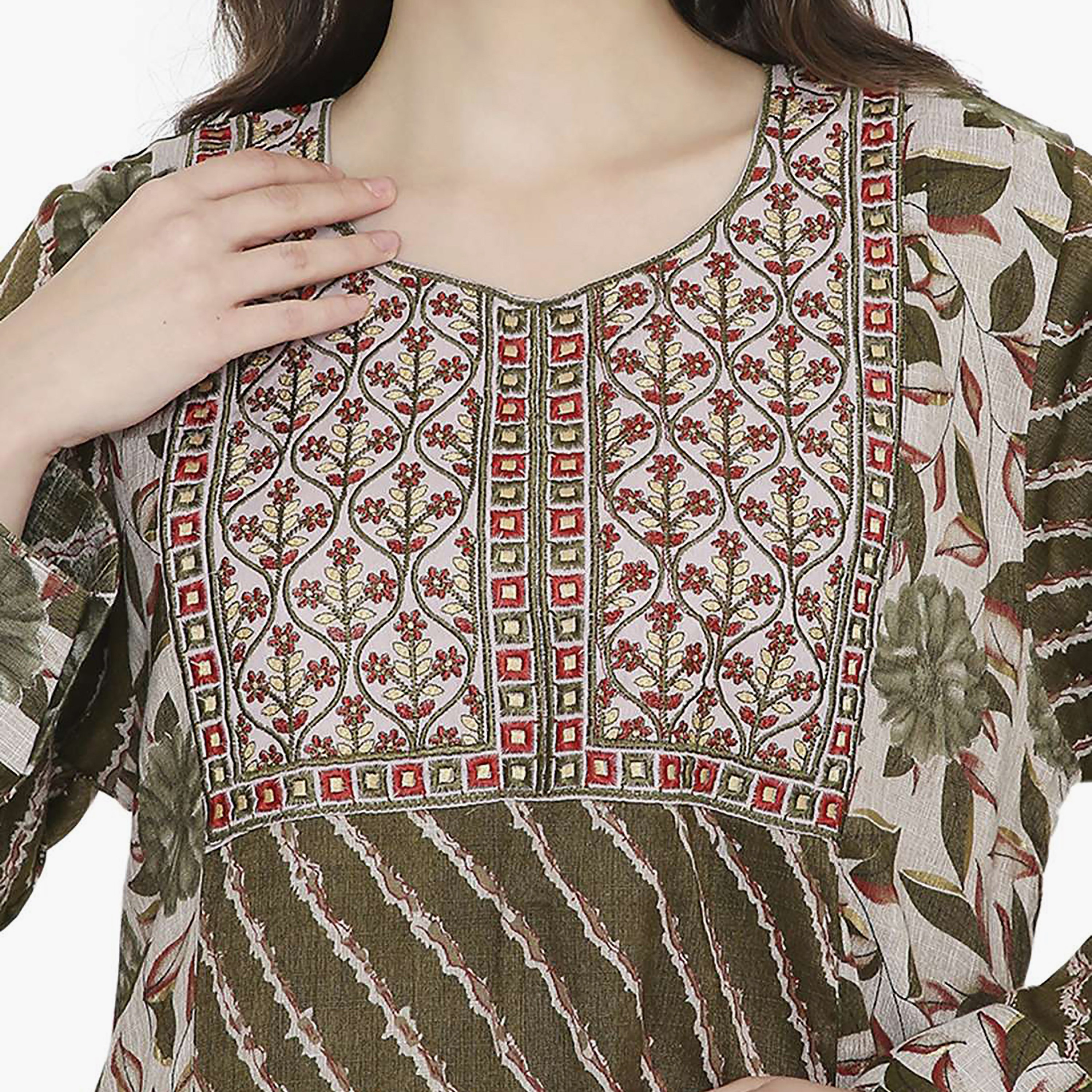 Hana & Sara Printed Embroidered Knot Neck Detail Women's Jalabiya-women-arabicclothing-jalabiyas-image-2