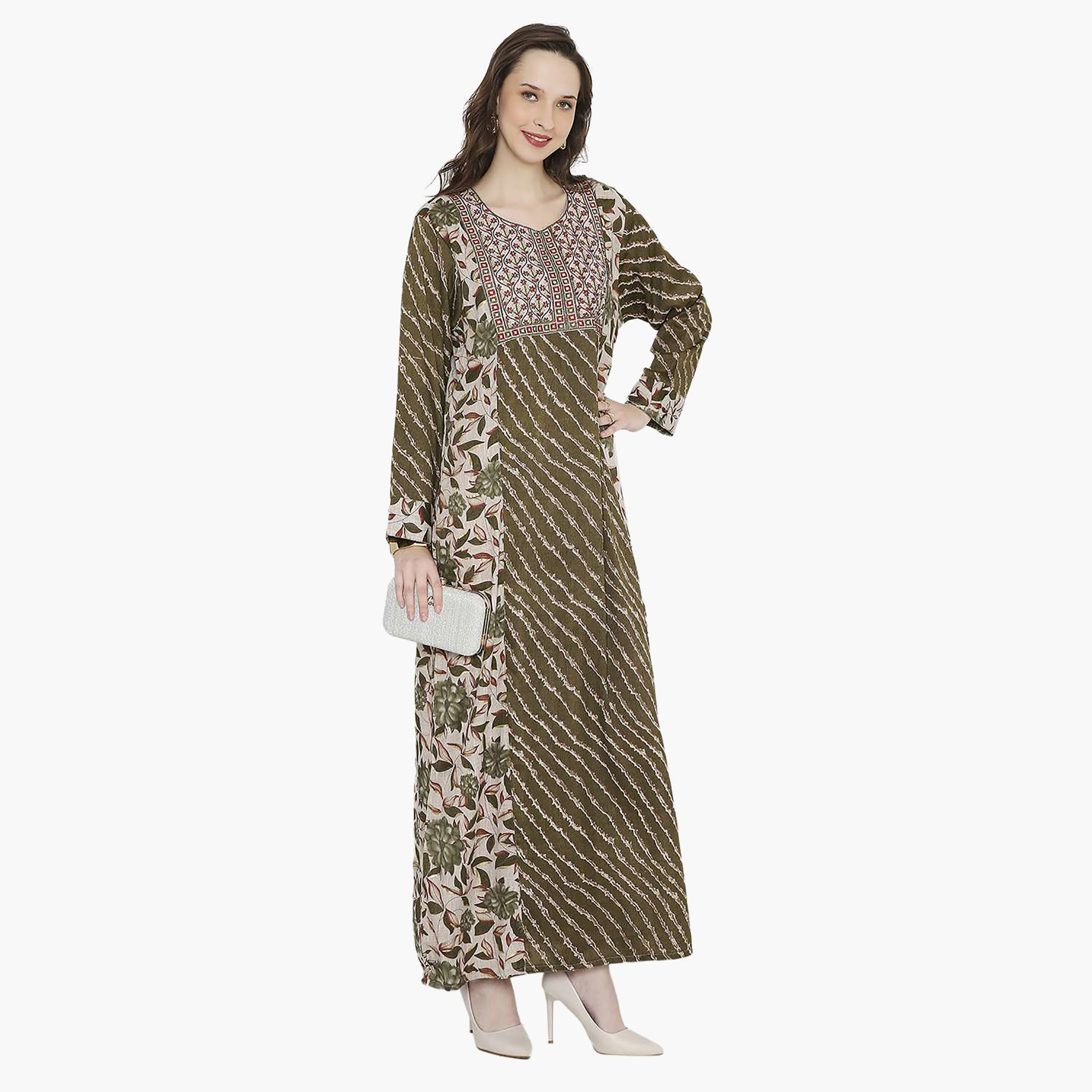 Hana & Sara Printed Embroidered Knot Neck Detail Women's Jalabiya-women-arabicclothing-jalabiyas-image-3