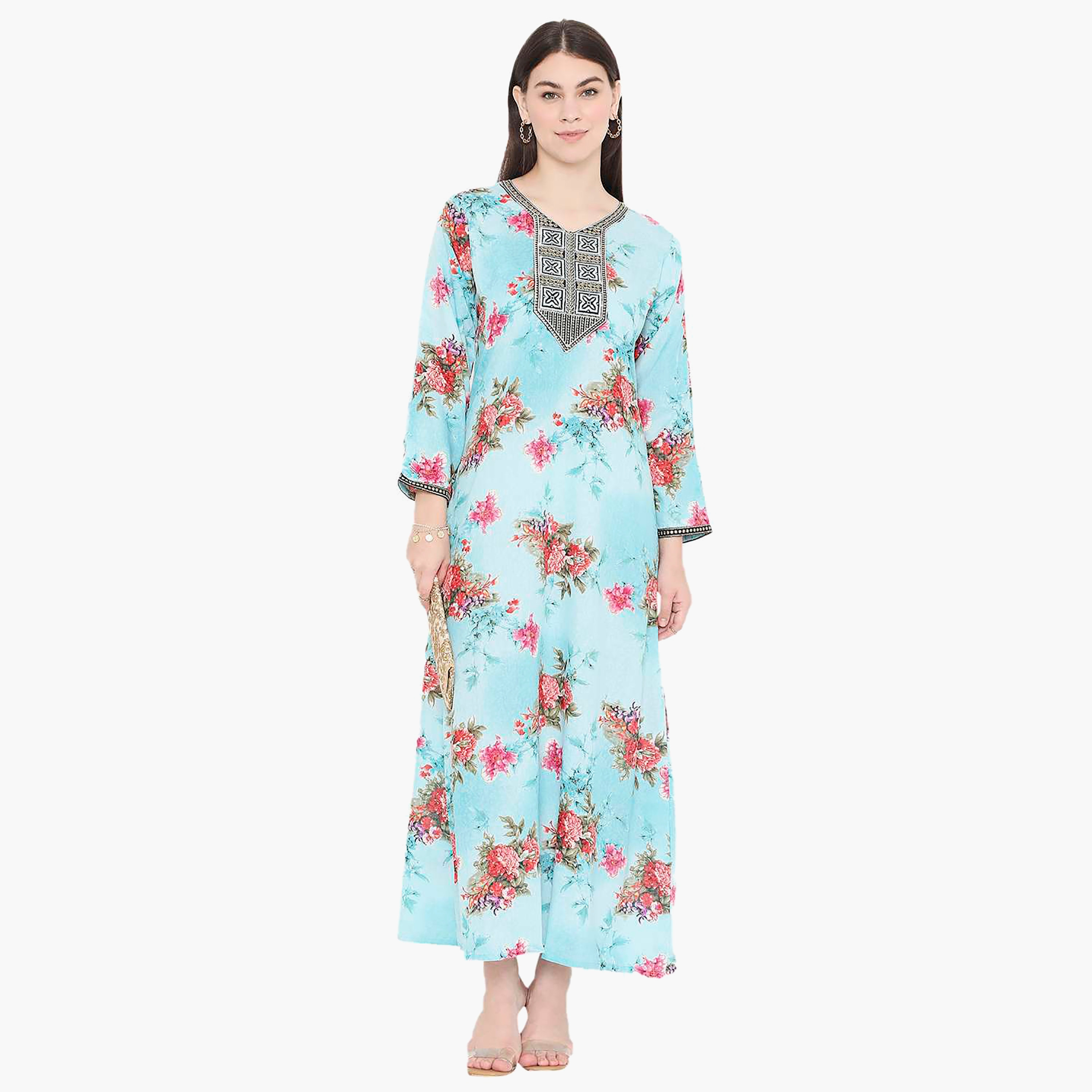 جلابية نسائية مطرزة بالزهور وعقدة عنق من هانا آند سارة-women-arabicclothing-jalabiyas-image-1