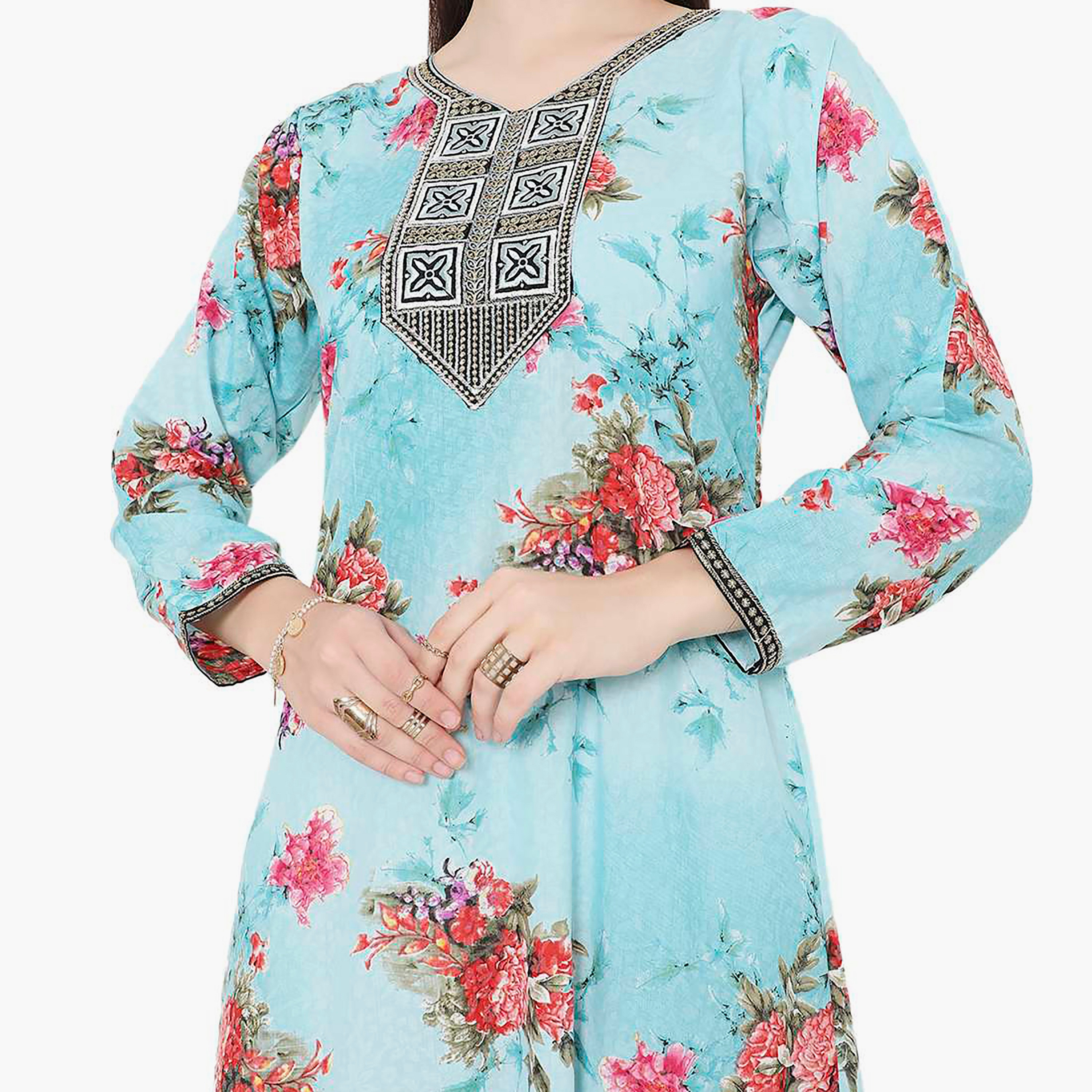Hana & Sara Floral Embroidered Knot Neck Detail Women's Jalabiya-women-arabicclothing-jalabiyas-image-2
