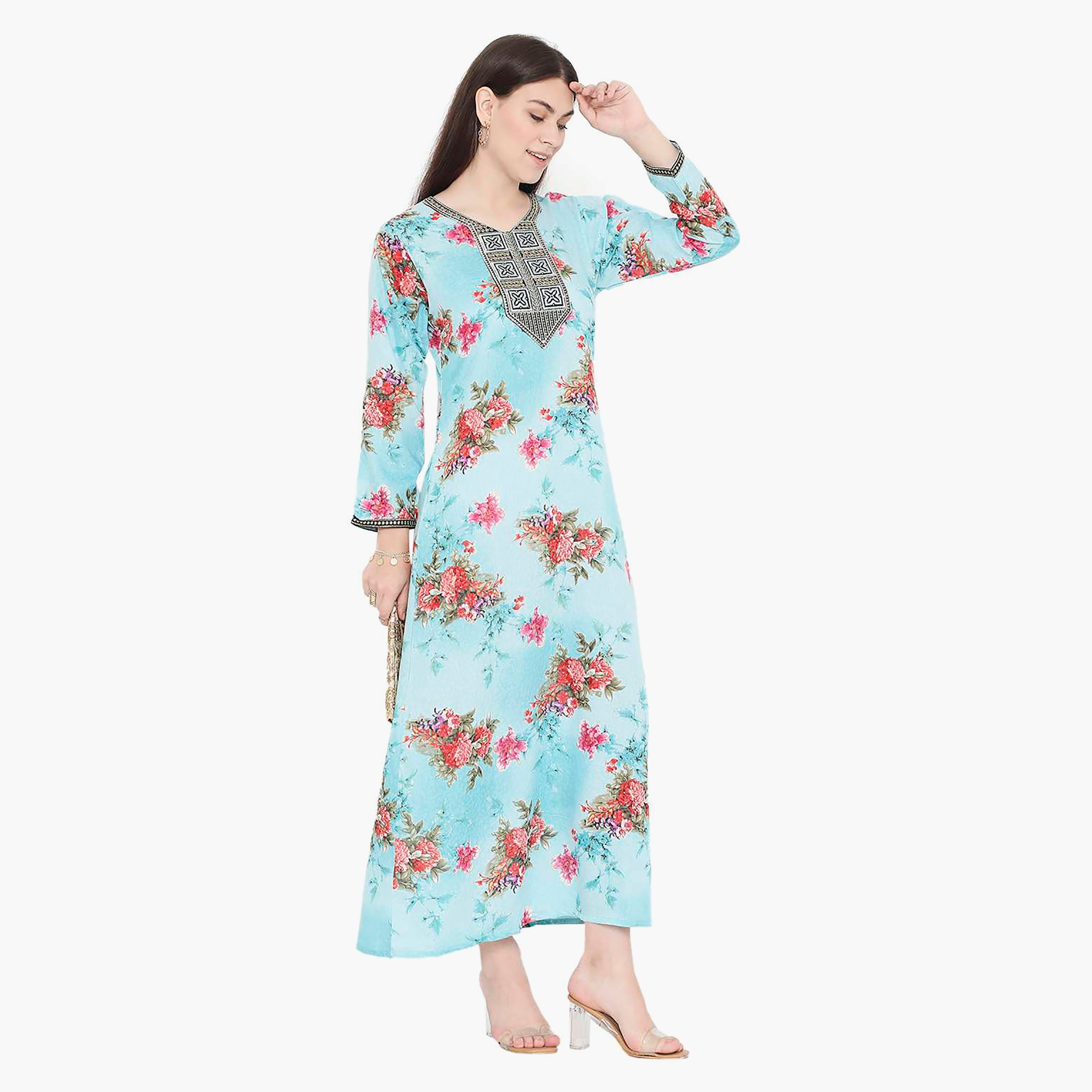 Hana & Sara Floral Embroidered Knot Neck Detail Women's Jalabiya-women-arabicclothing-jalabiyas-image-4