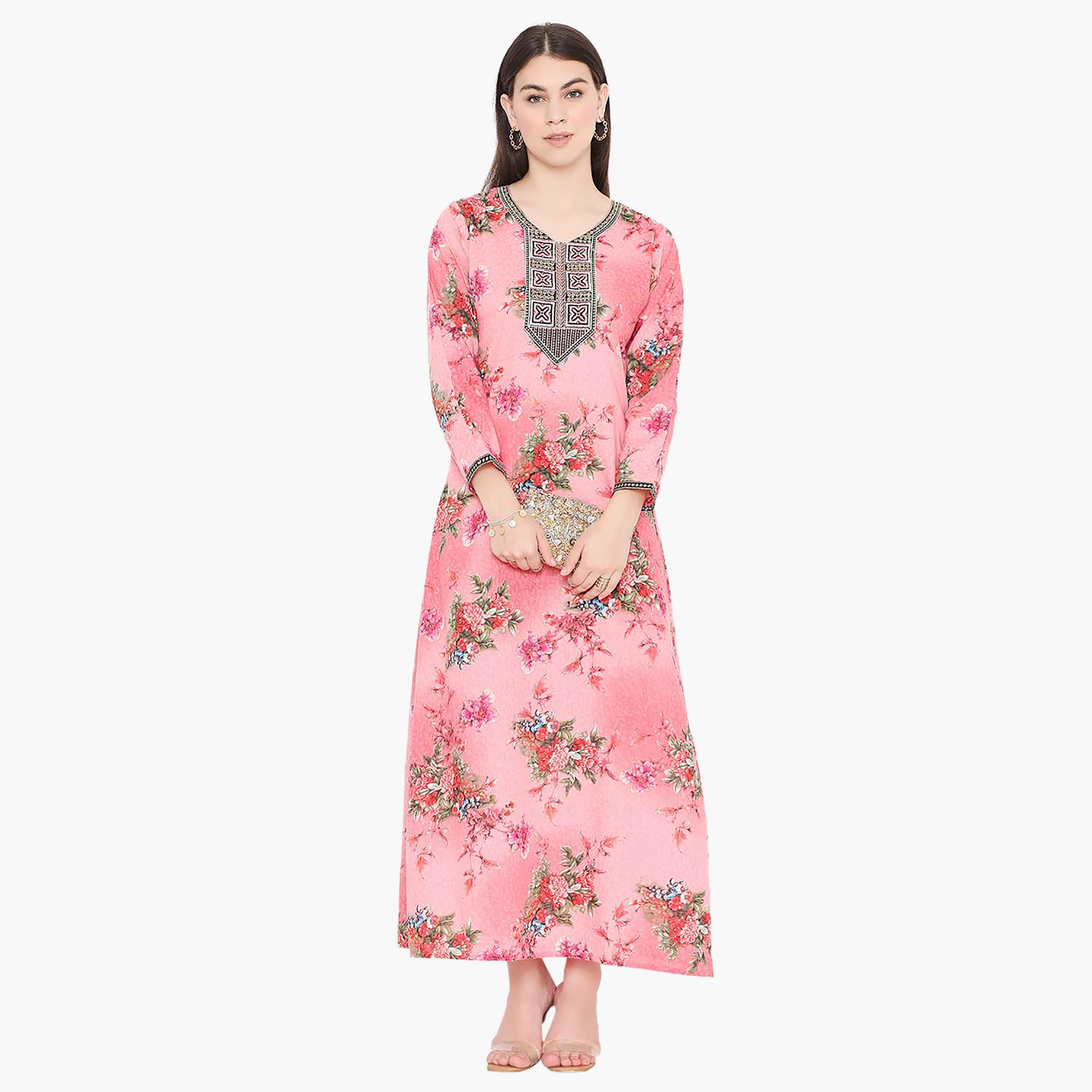 Hana & Sara Floral Embroidered Knot Neck Detail Women's Jalabiya-women-arabicclothing-jalabiyas-image-6