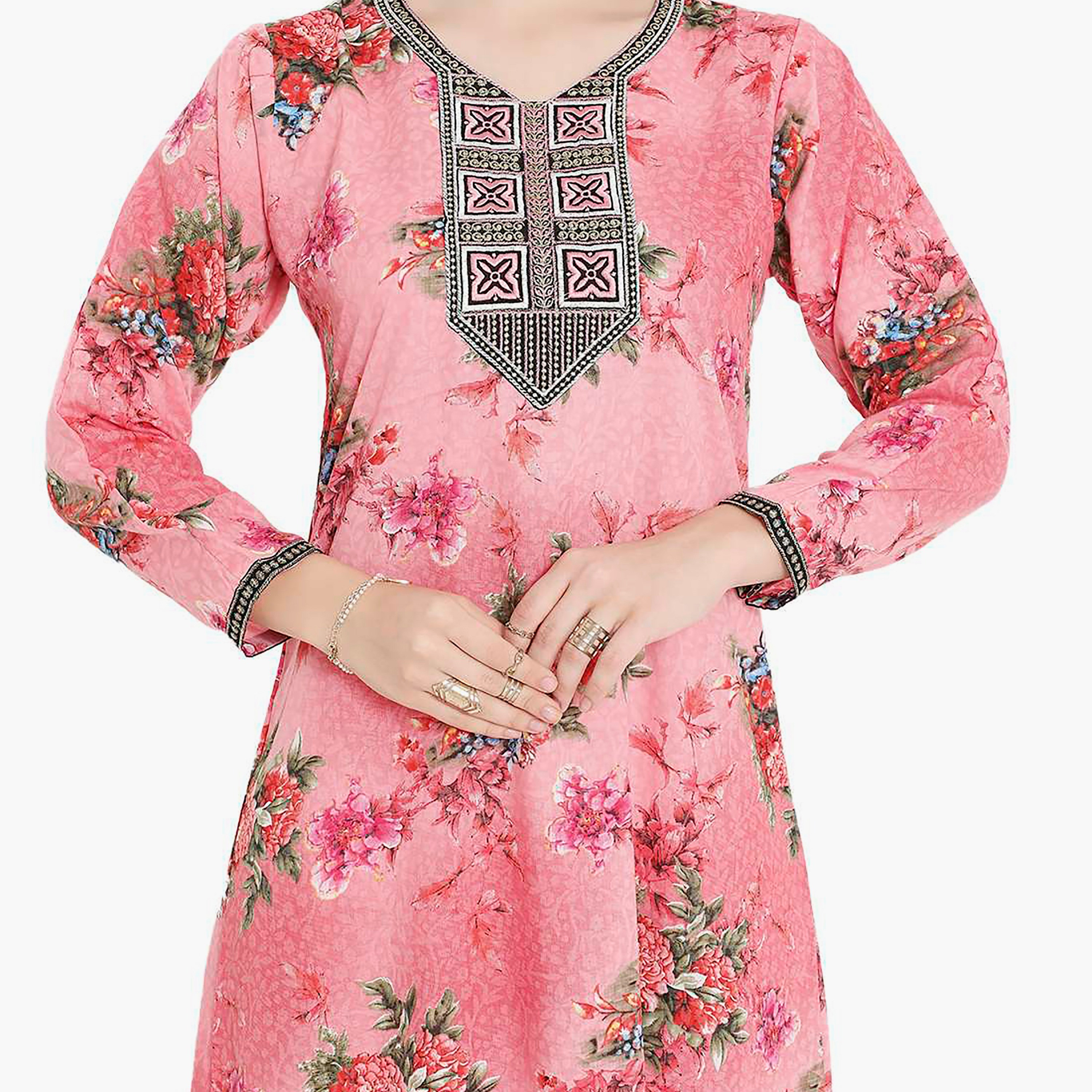 Hana & Sara Floral Embroidered Knot Neck Detail Women's Jalabiya-women-arabicclothing-jalabiyas-image-7