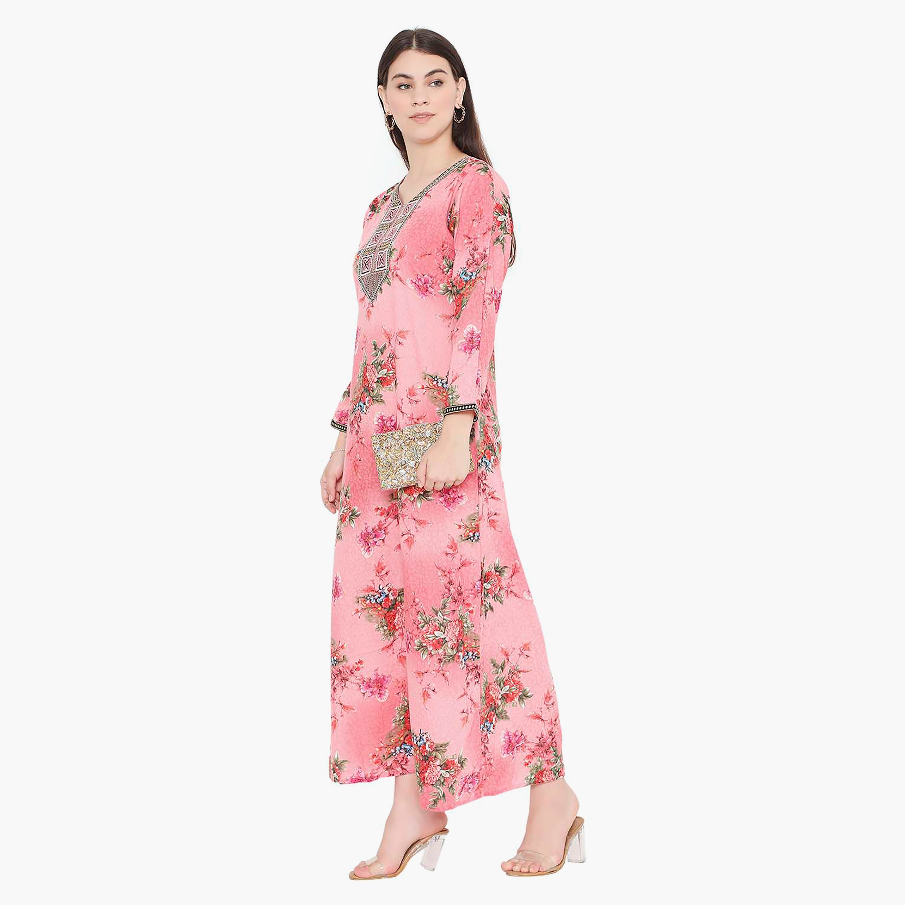 Hana & Sara Floral Embroidered Knot Neck Detail Women's Jalabiya-women-arabicclothing-jalabiyas-image-8
