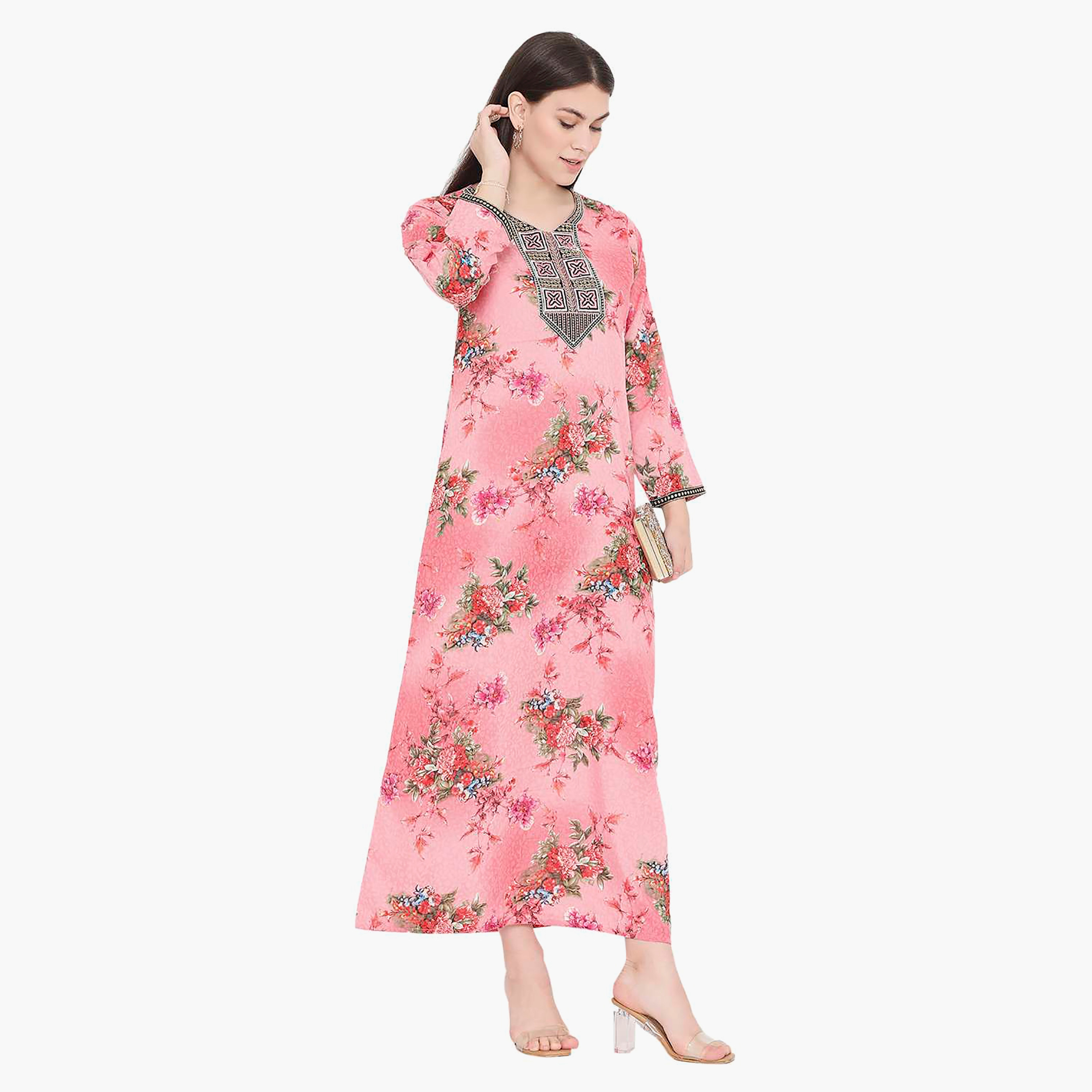 Hana & Sara Floral Embroidered Knot Neck Detail Women's Jalabiya-women-arabicclothing-jalabiyas-image-9