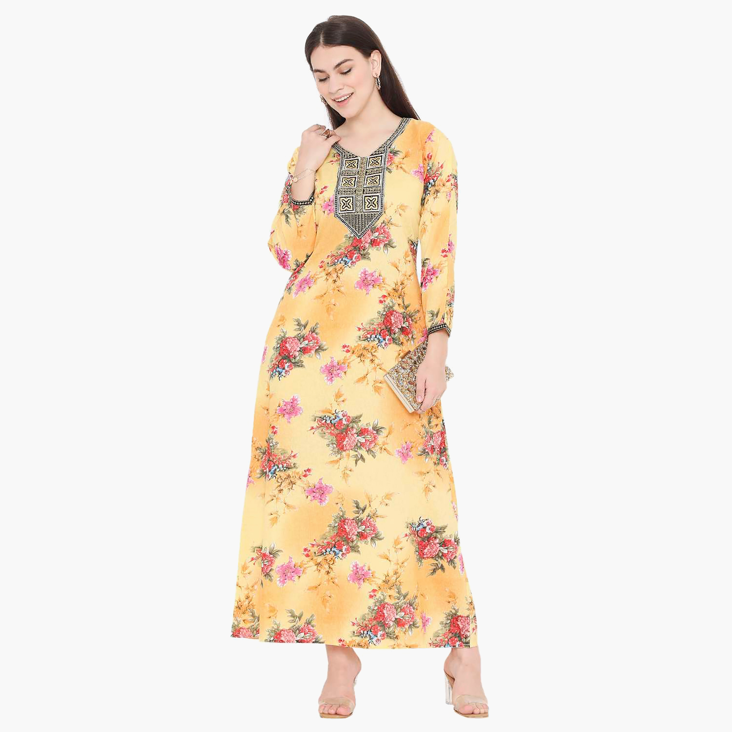 Hana & Sara Floral Embroidered Knot Neck Detail Women's Jalabiya-women-arabicclothing-jalabiyas-image-11