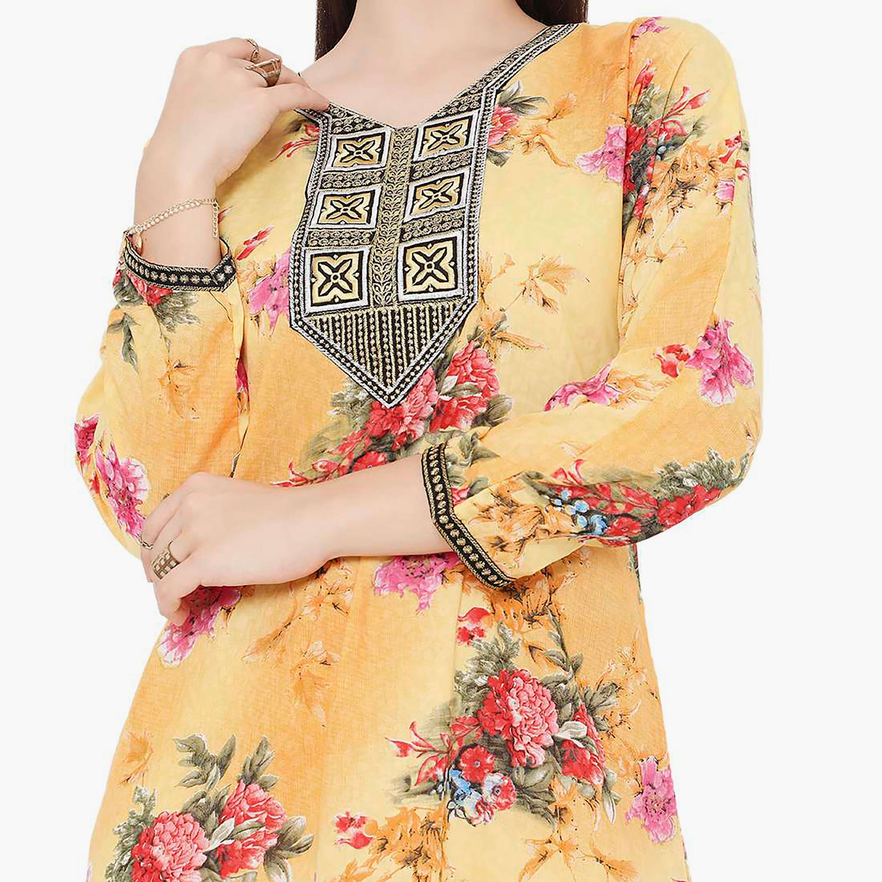 Hana & Sara Floral Embroidered Knot Neck Detail Women's Jalabiya-women-arabicclothing-jalabiyas-image-12