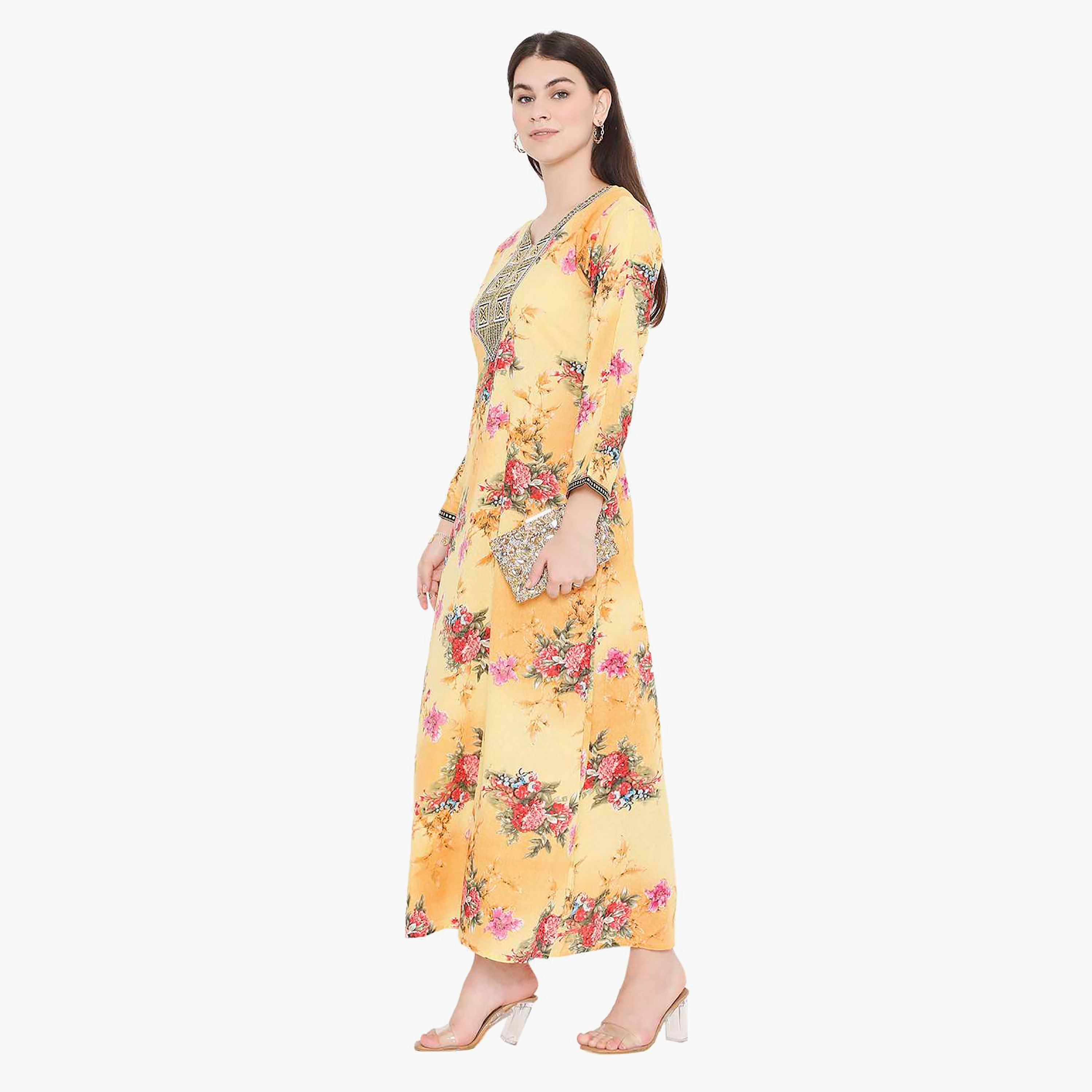 Hana & Sara Floral Embroidered Knot Neck Detail Women's Jalabiya-women-arabicclothing-jalabiyas-image-13