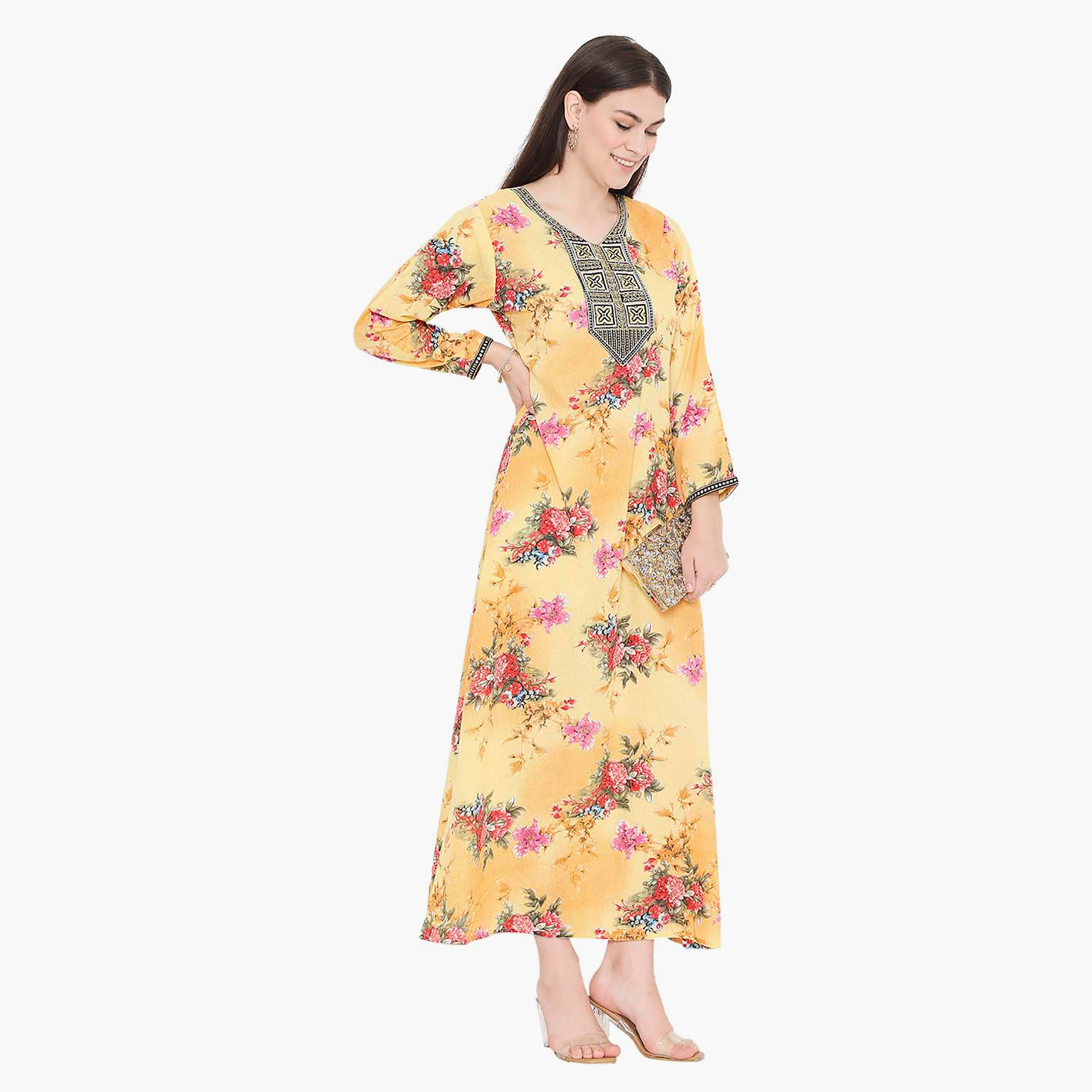 Hana & Sara Floral Embroidered Knot Neck Detail Women's Jalabiya-women-arabicclothing-jalabiyas-image-14