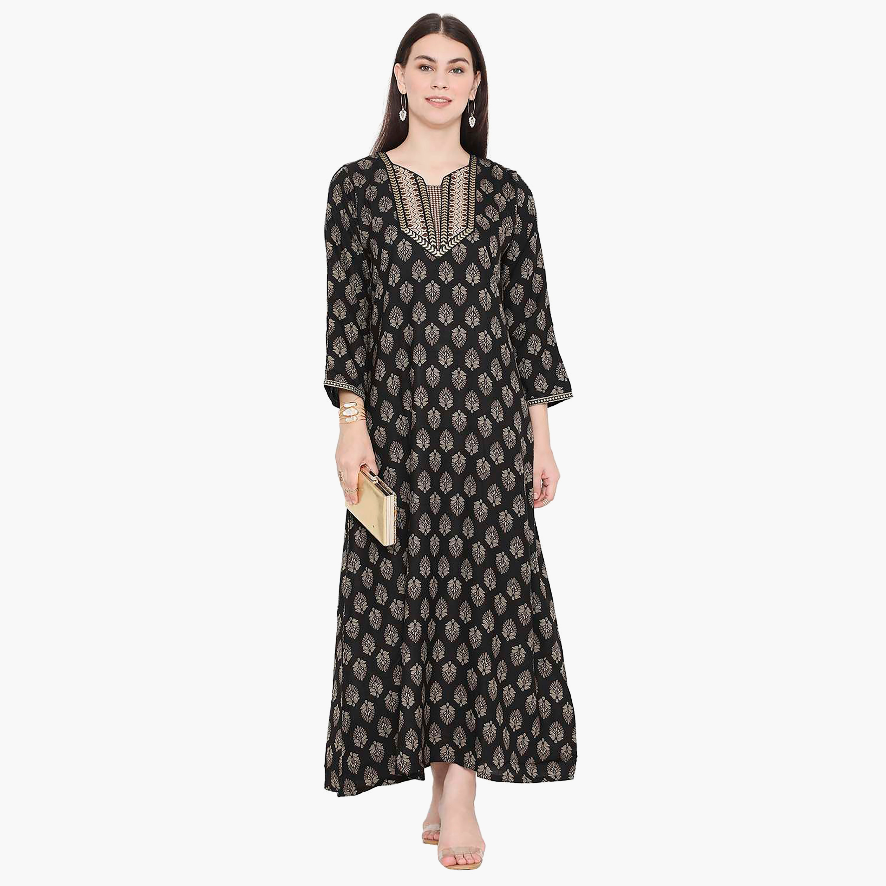 Hana & Sara Printed Embroidered Knot Neck Detail Women's Jalabiya-women-arabicclothing-jalabiyas-image-1