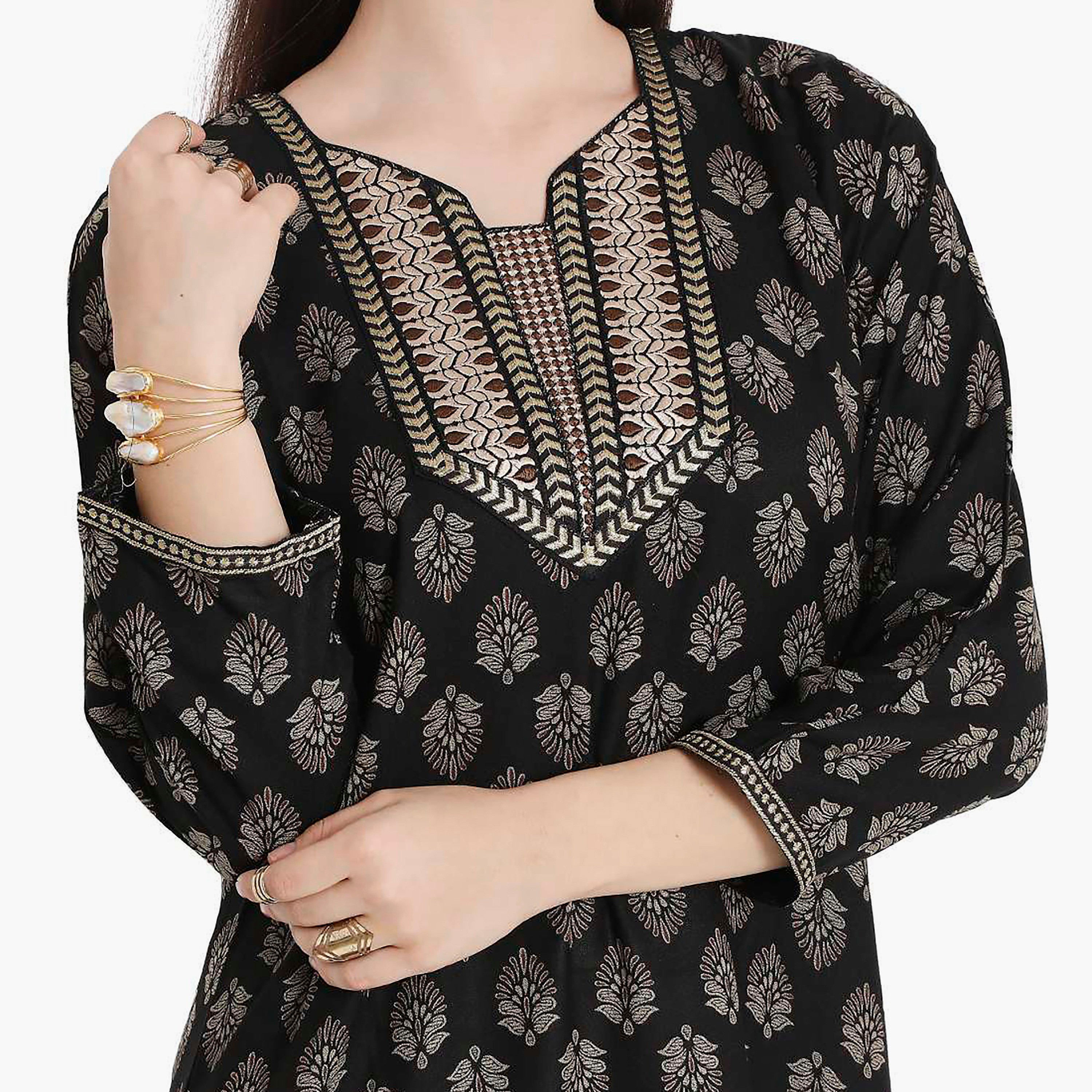Hana & Sara Printed Embroidered Knot Neck Detail Women's Jalabiya-women-arabicclothing-jalabiyas-image-2