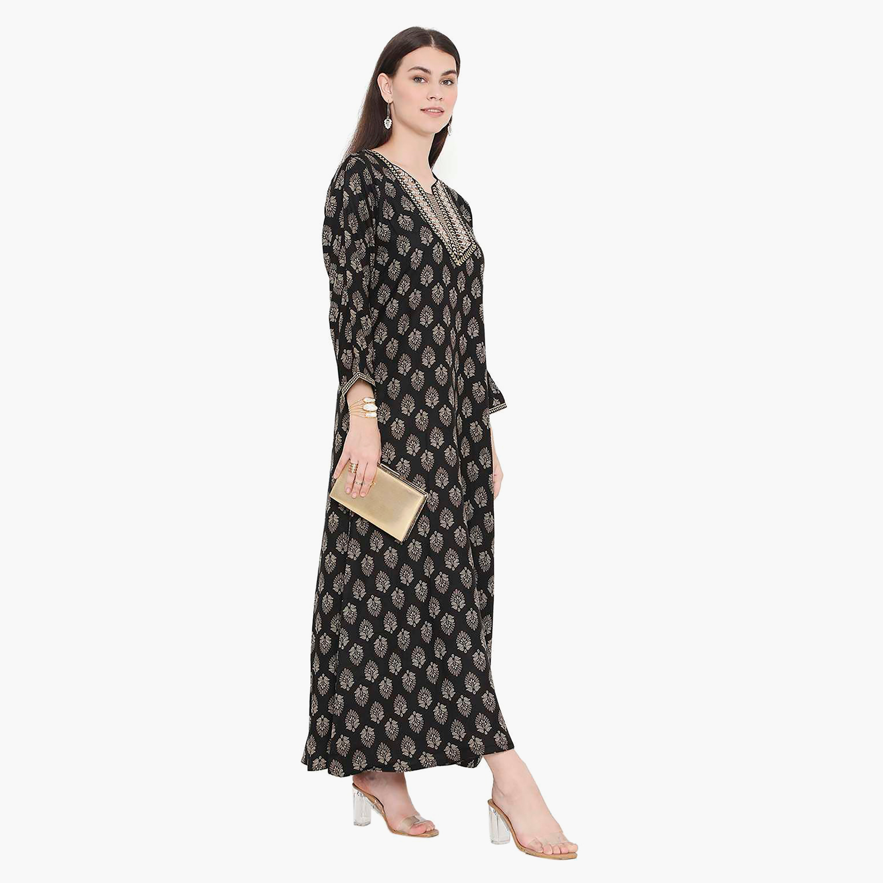 Hana & Sara Printed Embroidered Knot Neck Detail Women's Jalabiya-women-arabicclothing-jalabiyas-image-3