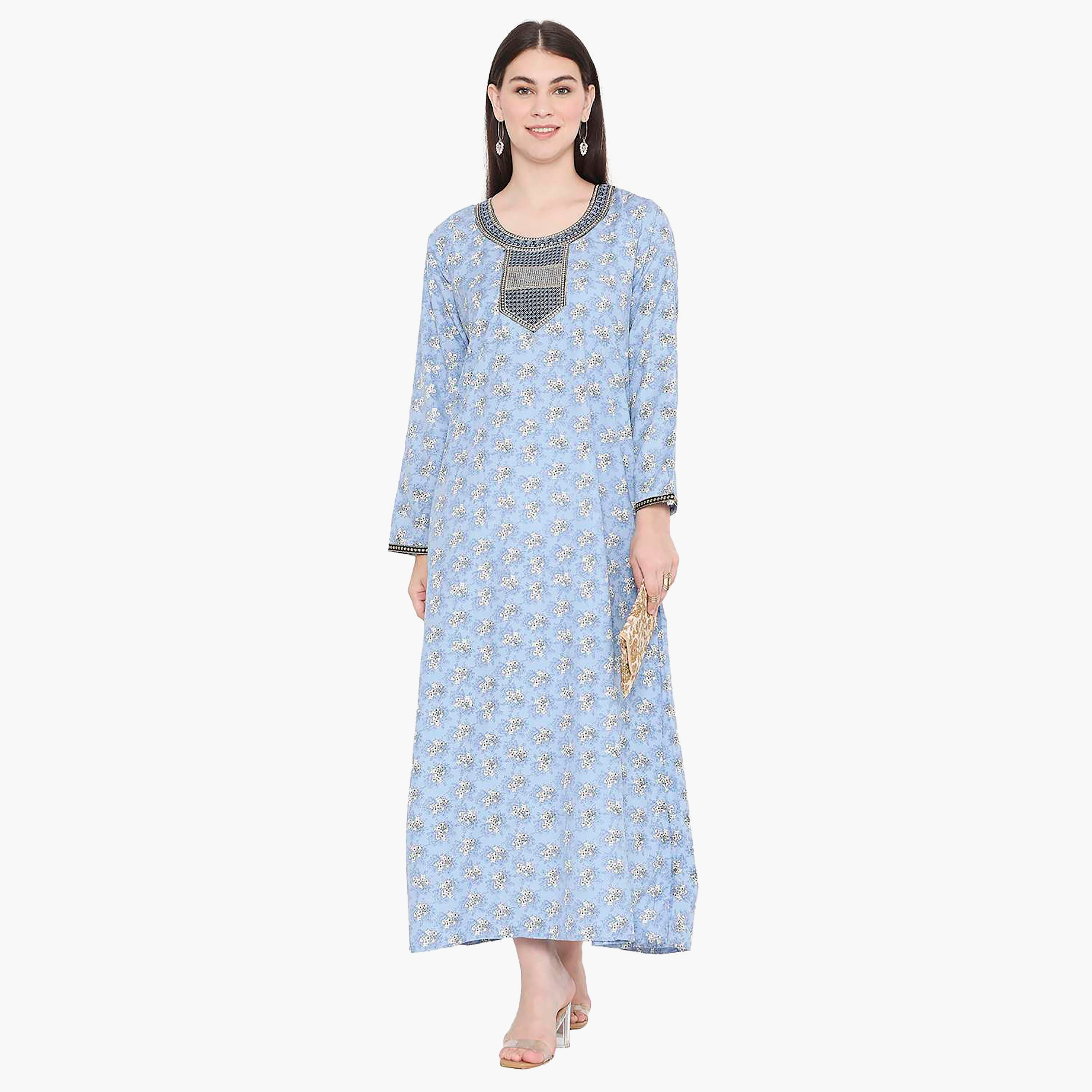Hana & Sara Floral Embroidered Knot Neck Detail Women's Jalabiya-women-arabicclothing-jalabiyas-image-1