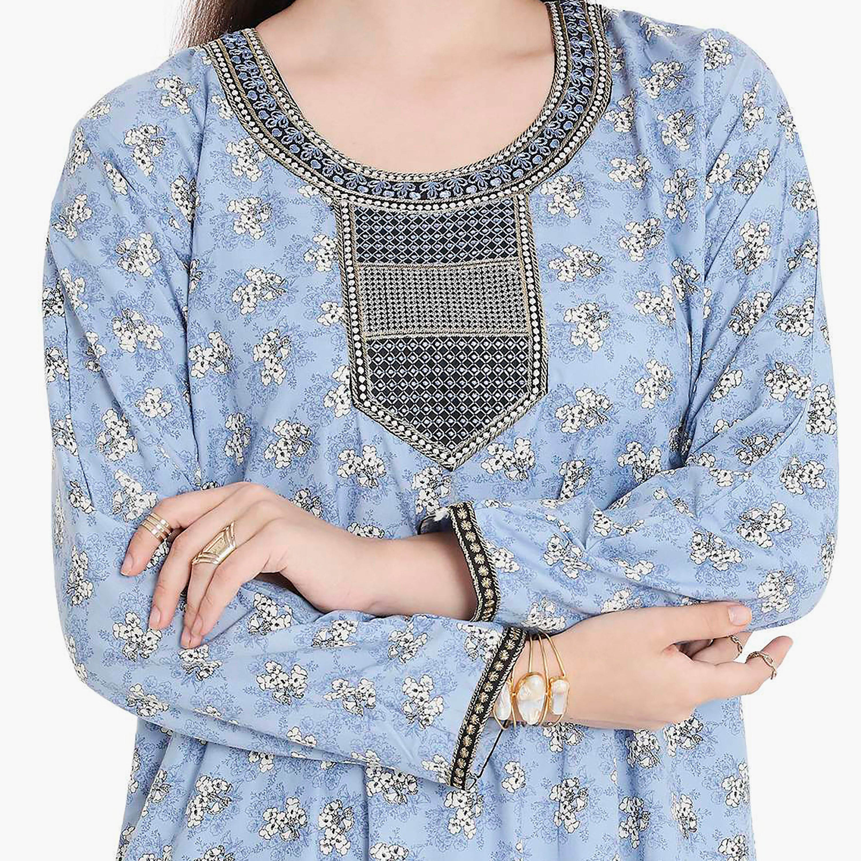 Hana & Sara Floral Embroidered Knot Neck Detail Women's Jalabiya-women-arabicclothing-jalabiyas-image-2