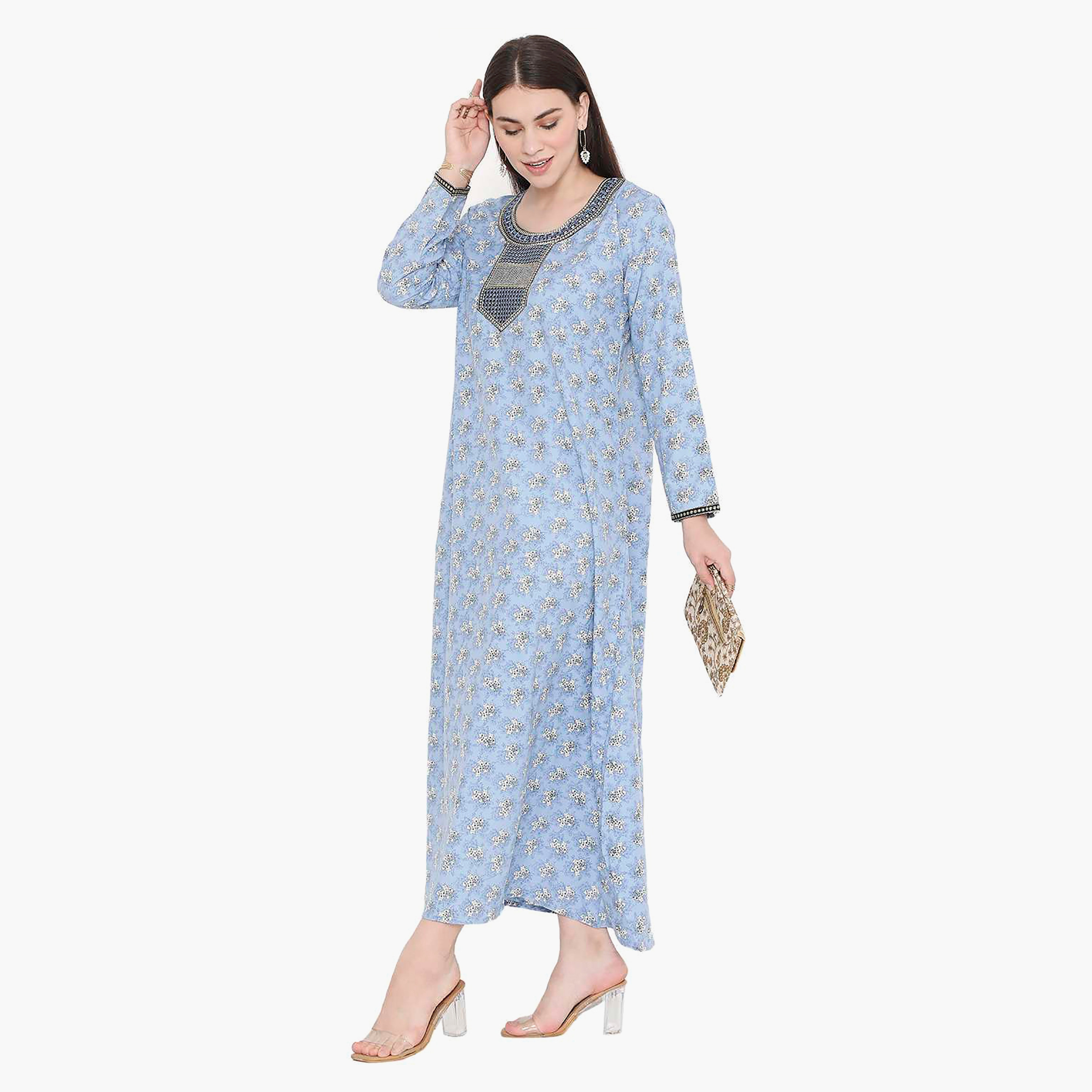 Hana & Sara Floral Embroidered Knot Neck Detail Women's Jalabiya-women-arabicclothing-jalabiyas-image-3