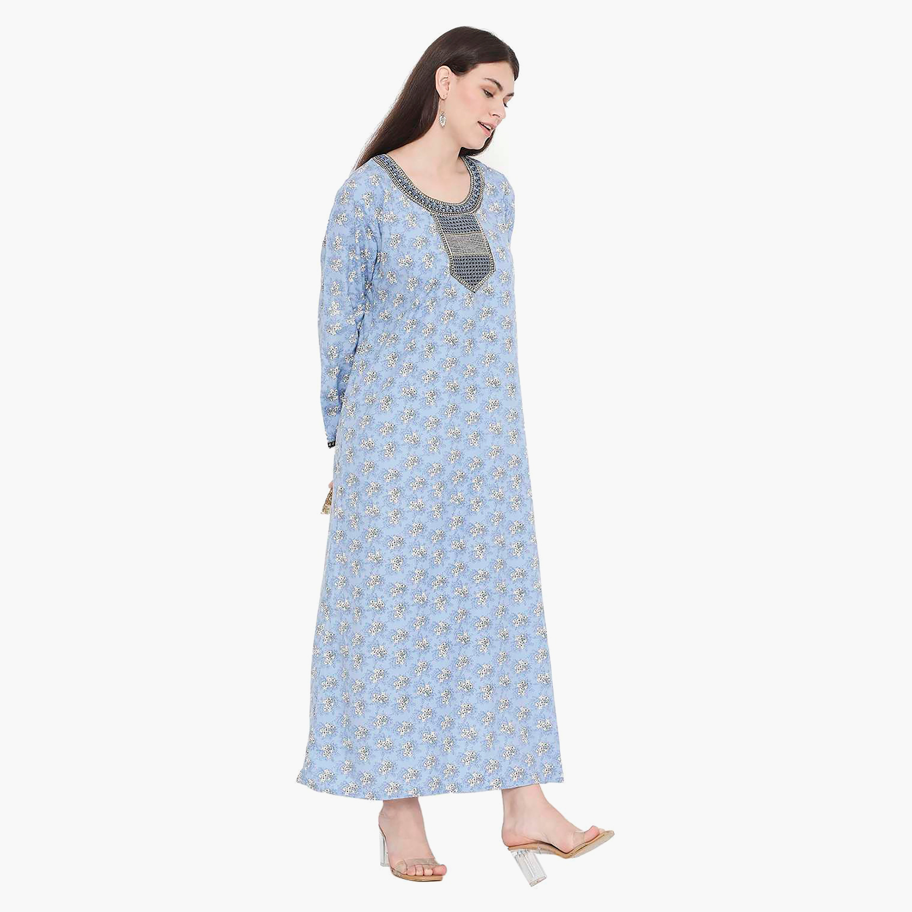 Hana & Sara Floral Embroidered Knot Neck Detail Women's Jalabiya-women-arabicclothing-jalabiyas-image-4