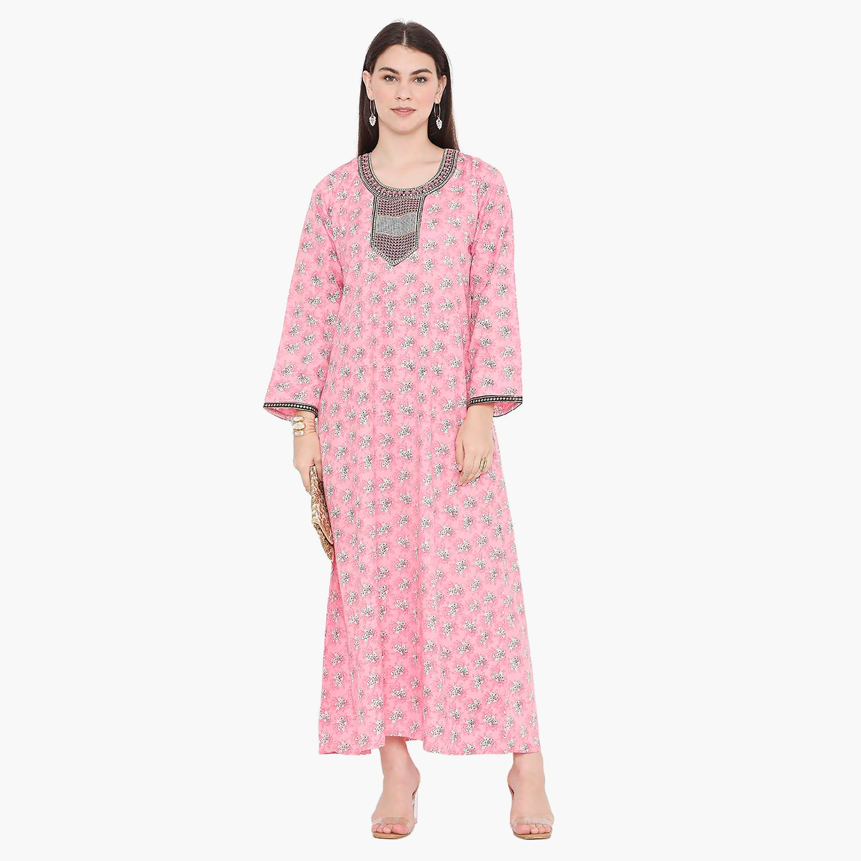 Hana & Sara Floral Embroidered Knot Neck Detail Women's Jalabiya-women-arabicclothing-jalabiyas-image-6