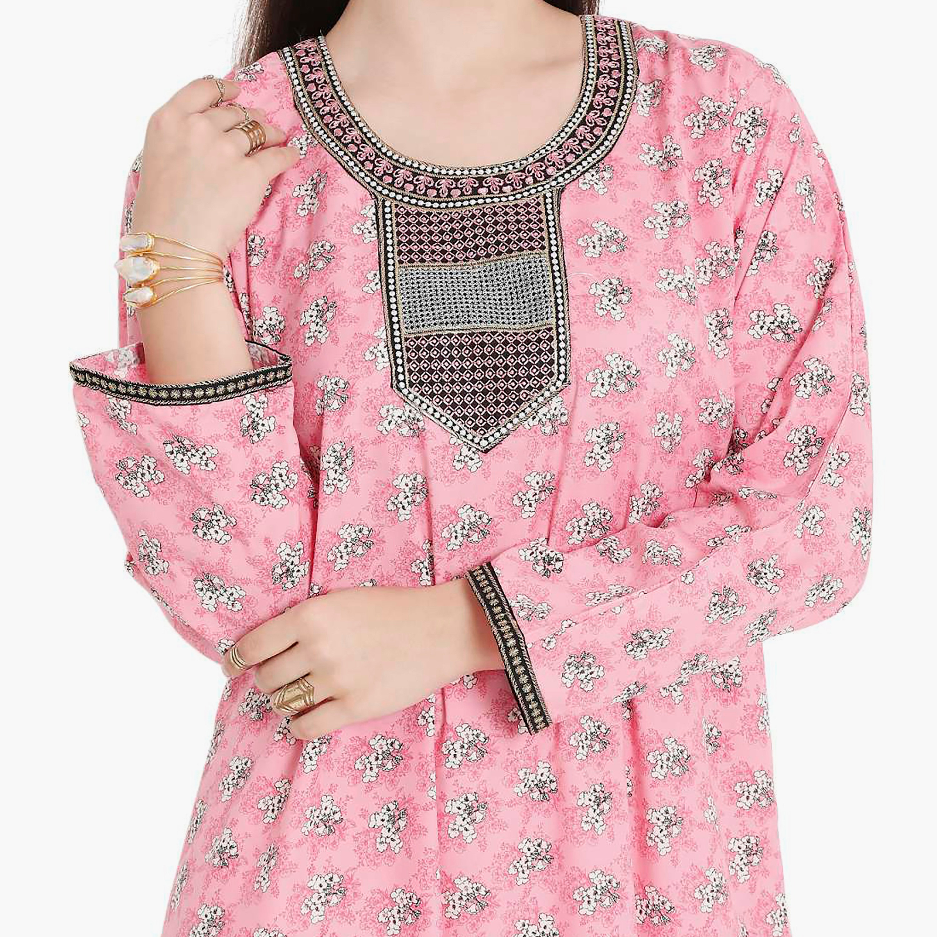 Hana & Sara Floral Embroidered Knot Neck Detail Women's Jalabiya-women-arabicclothing-jalabiyas-image-7