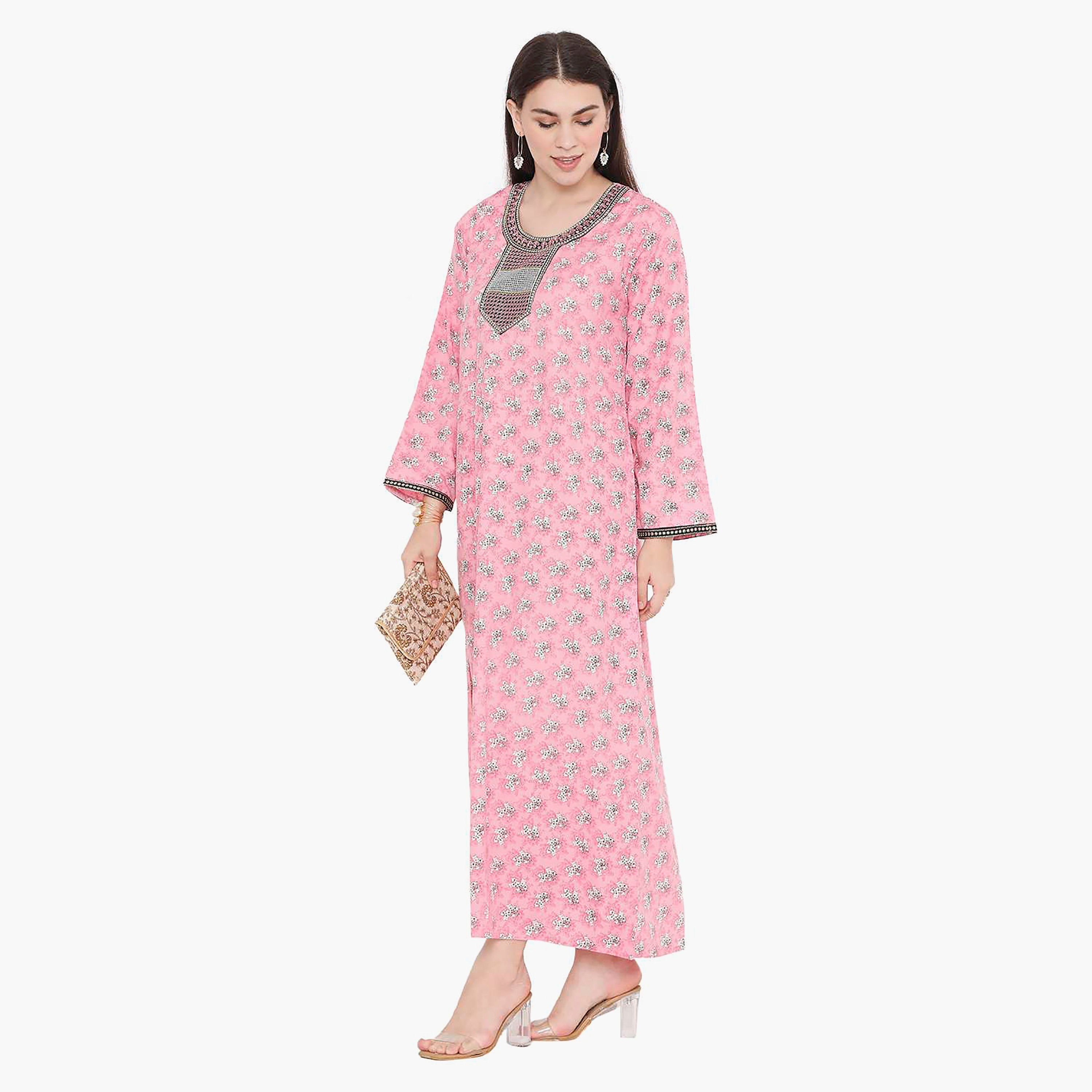 Hana & Sara Floral Embroidered Knot Neck Detail Women's Jalabiya-women-arabicclothing-jalabiyas-image-8