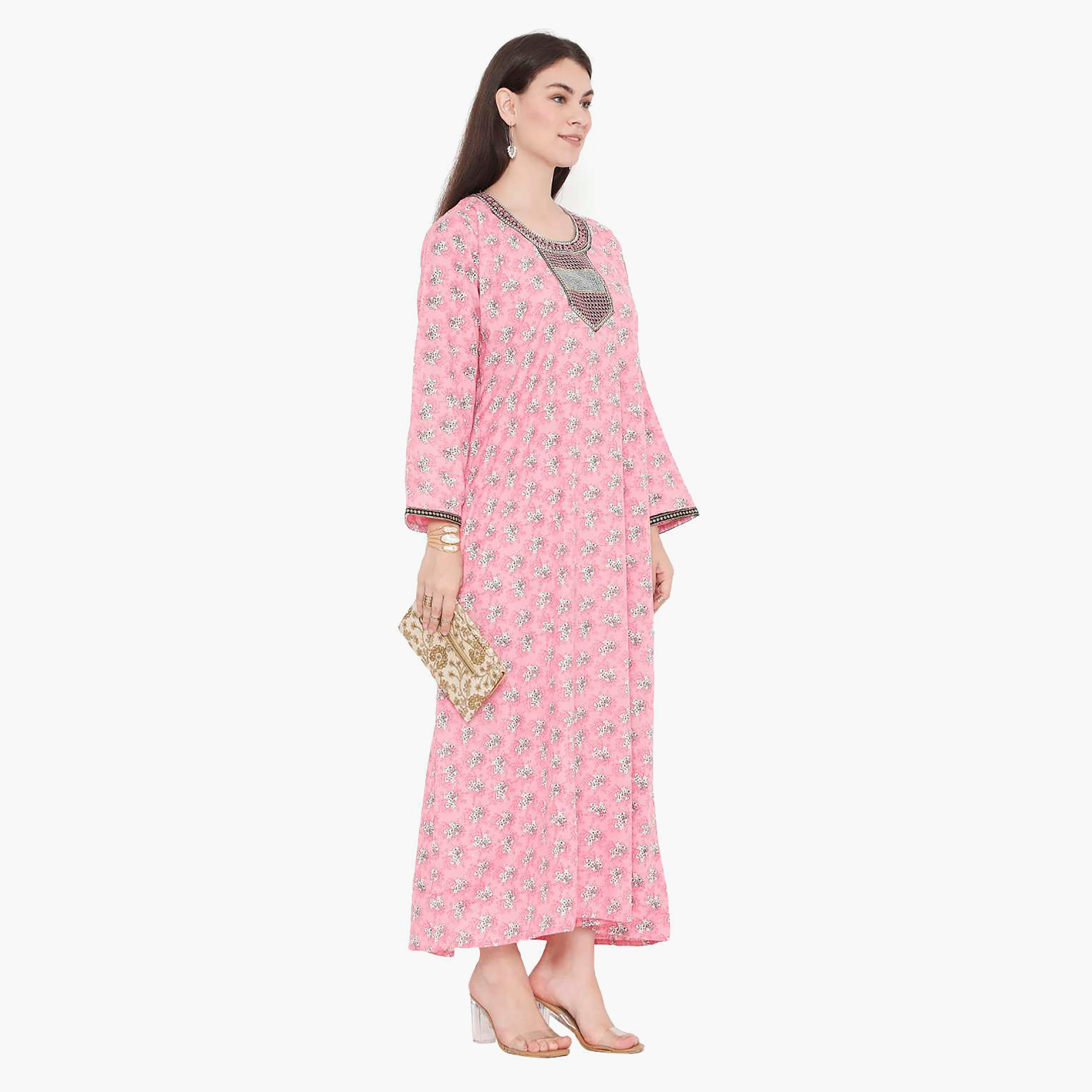 Hana & Sara Floral Embroidered Knot Neck Detail Women's Jalabiya-women-arabicclothing-jalabiyas-image-9