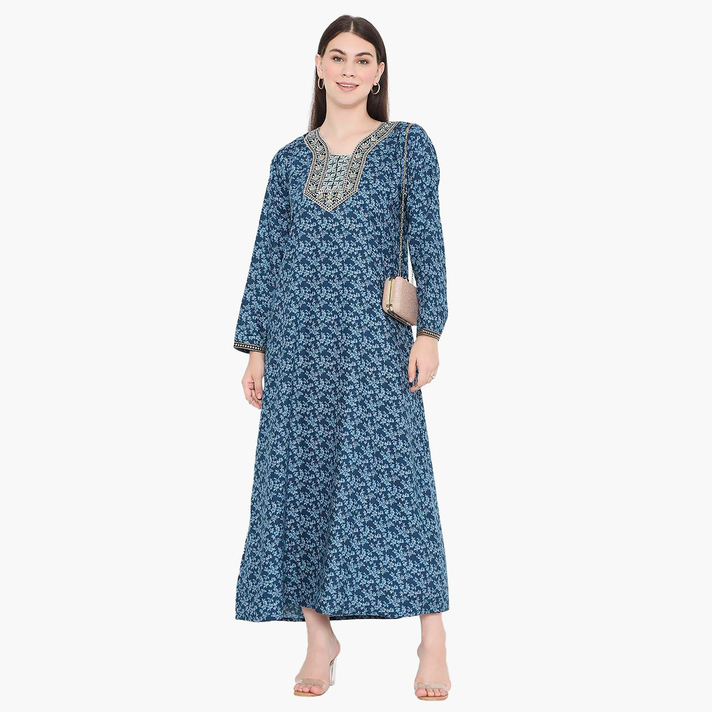 Hana & Sara Floral Embroidered Knot Neck Detail Women's Jalabiya-women-arabicclothing-jalabiyas-image-1