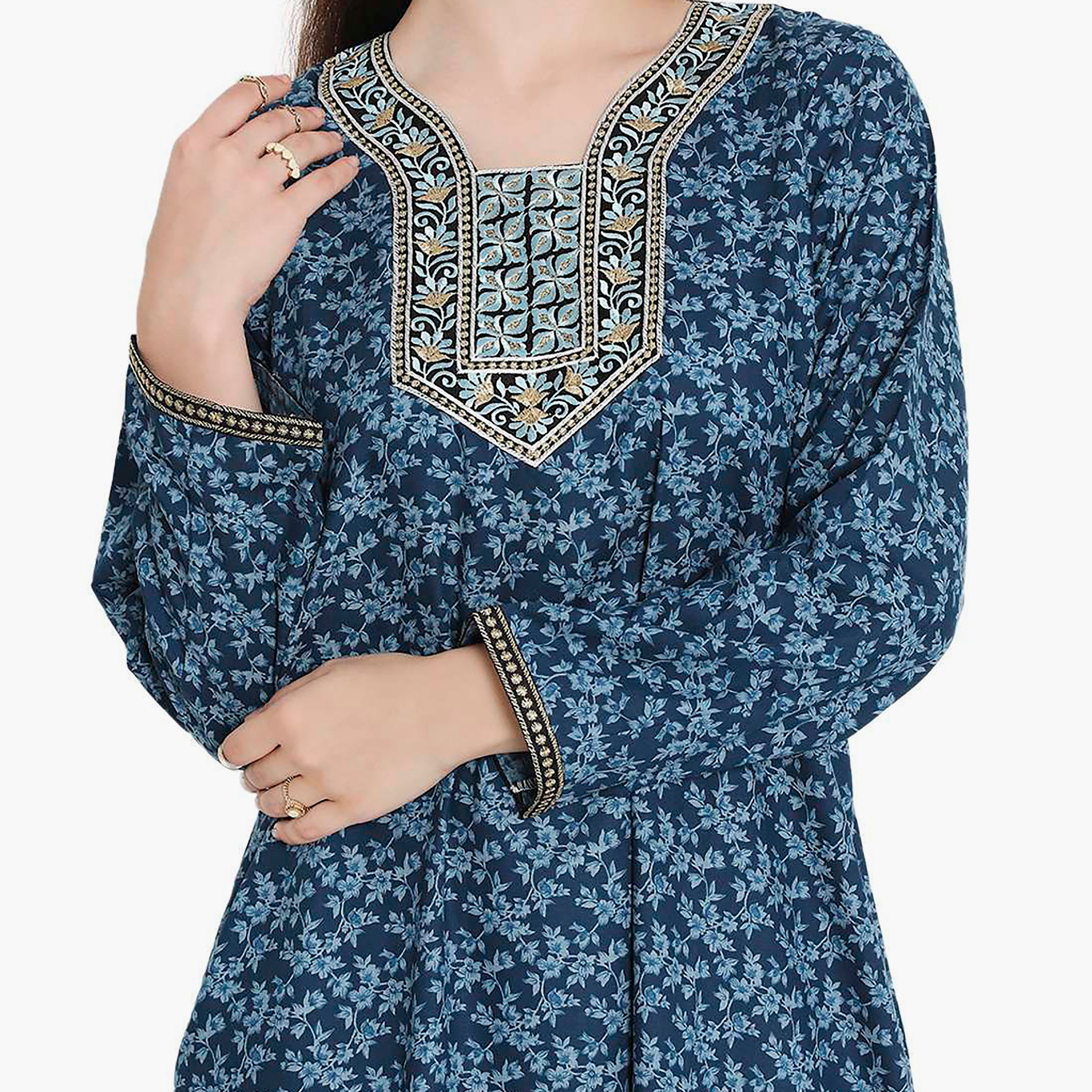Hana & Sara Floral Embroidered Knot Neck Detail Women's Jalabiya-women-arabicclothing-jalabiyas-image-2