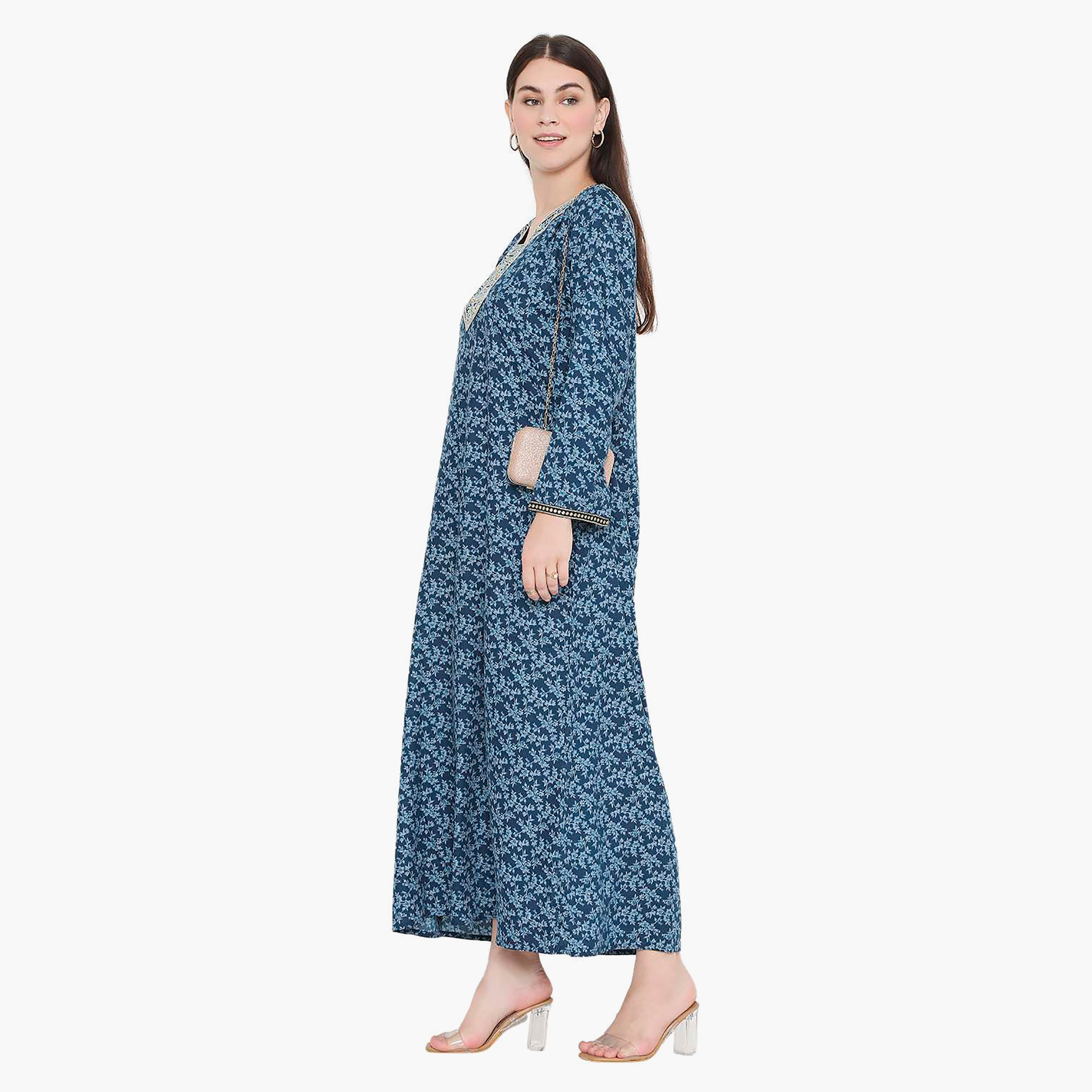 Hana & Sara Floral Embroidered Knot Neck Detail Women's Jalabiya-women-arabicclothing-jalabiyas-image-3