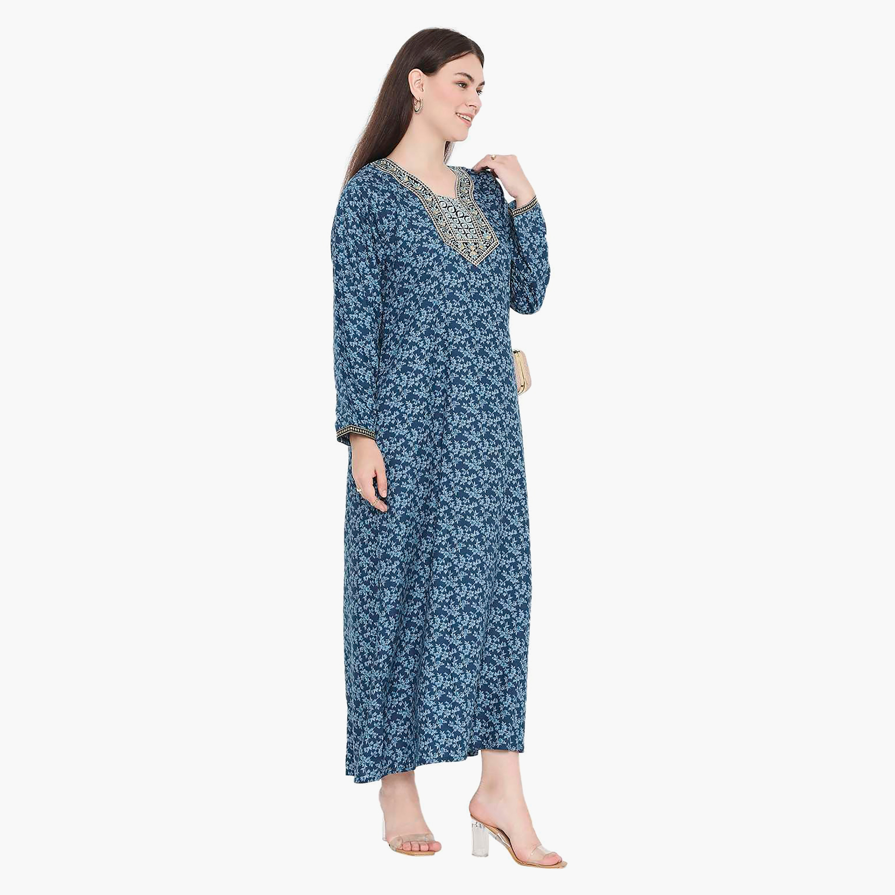 Hana & Sara Floral Embroidered Knot Neck Detail Women's Jalabiya-women-arabicclothing-jalabiyas-image-4