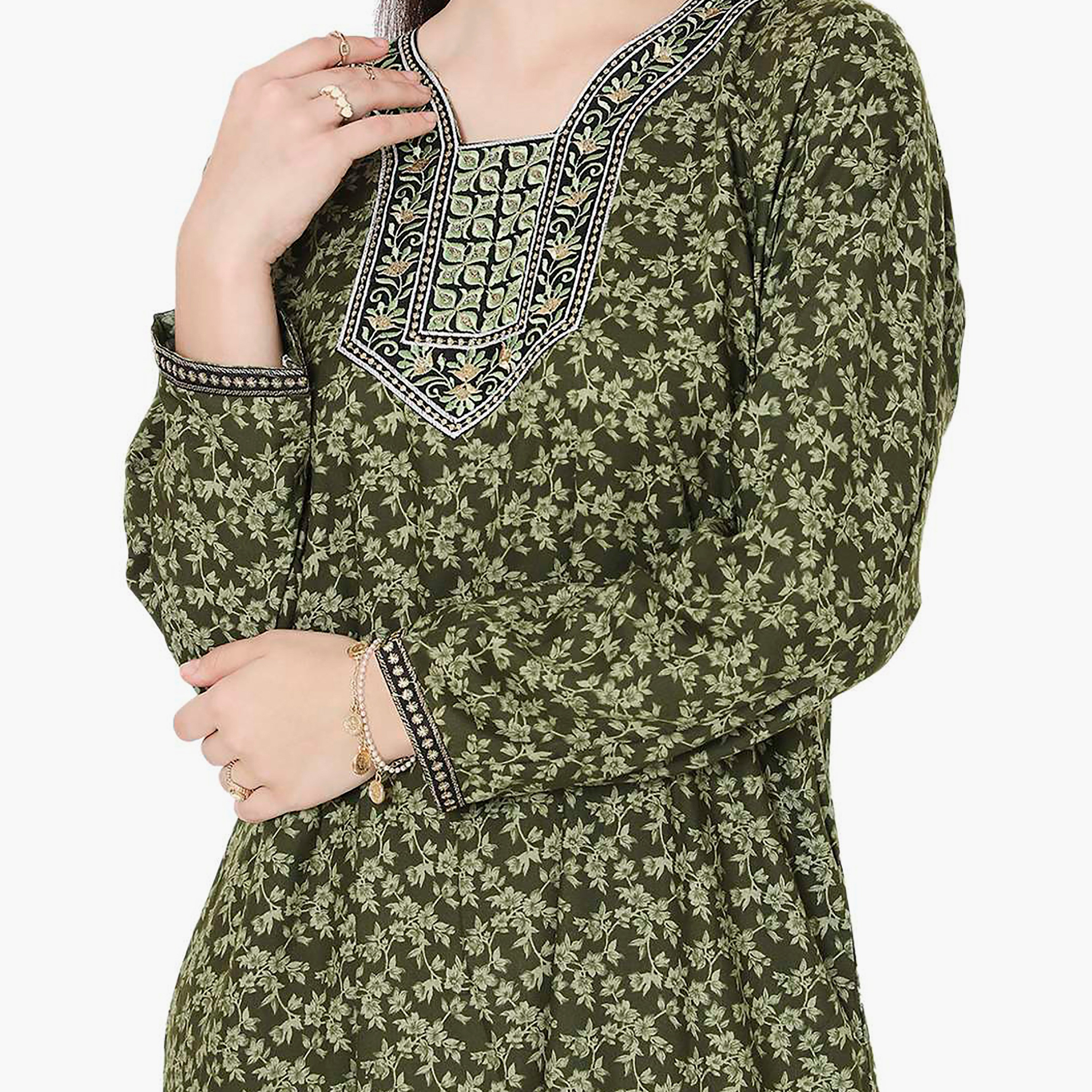 Hana & Sara Floral Embroidered Knot Neck Detail Women's Jalabiya-women-arabicclothing-jalabiyas-image-7