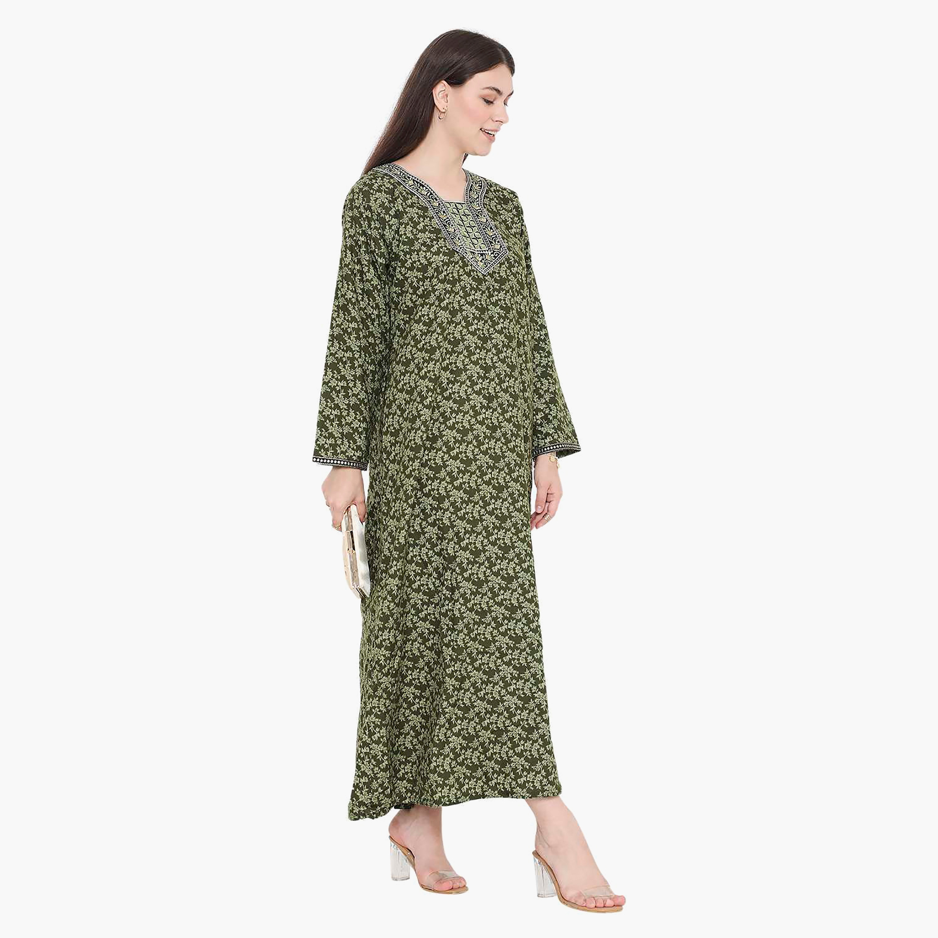 Hana & Sara Floral Embroidered Knot Neck Detail Women's Jalabiya-women-arabicclothing-jalabiyas-image-8