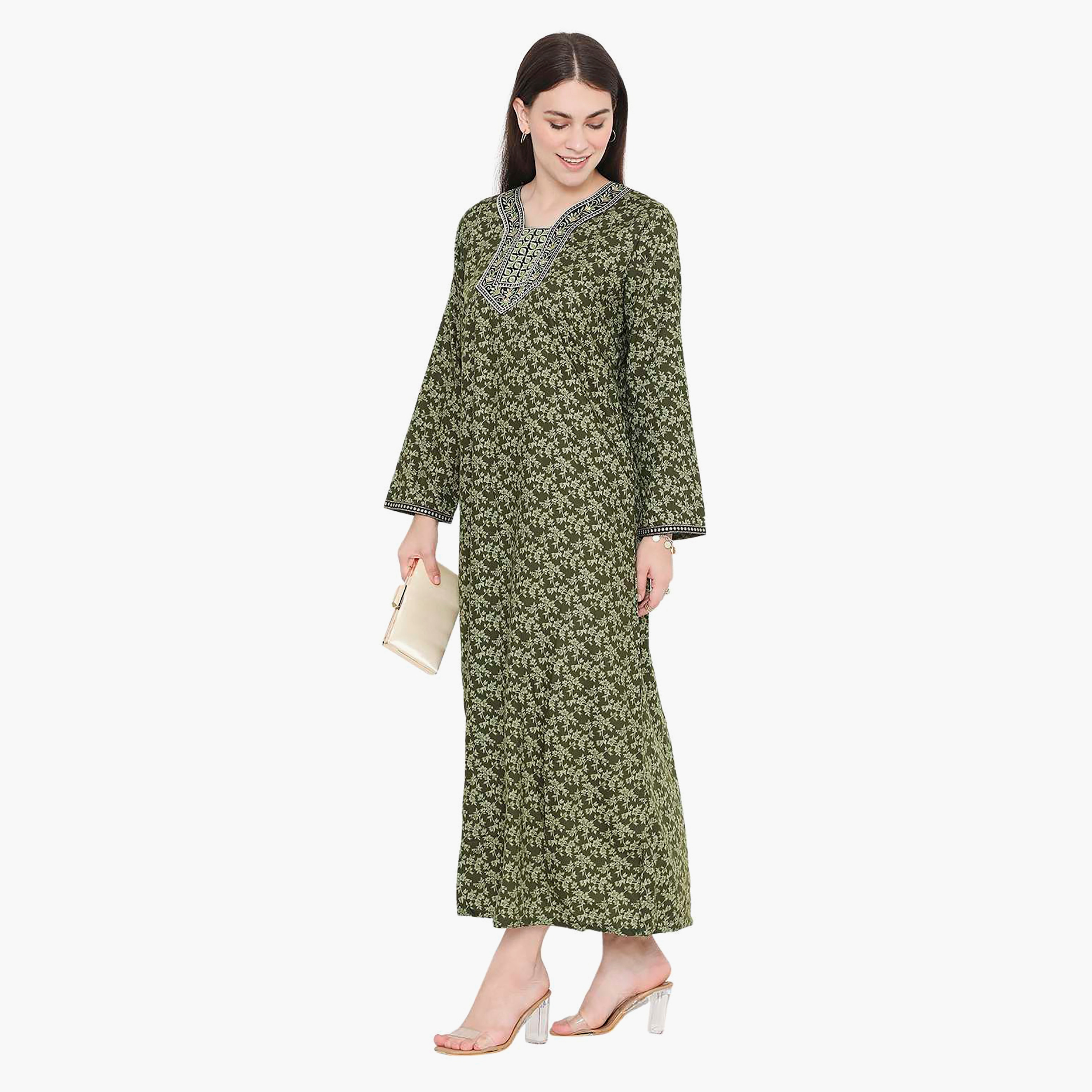 Hana & Sara Floral Embroidered Knot Neck Detail Women's Jalabiya-women-arabicclothing-jalabiyas-image-9