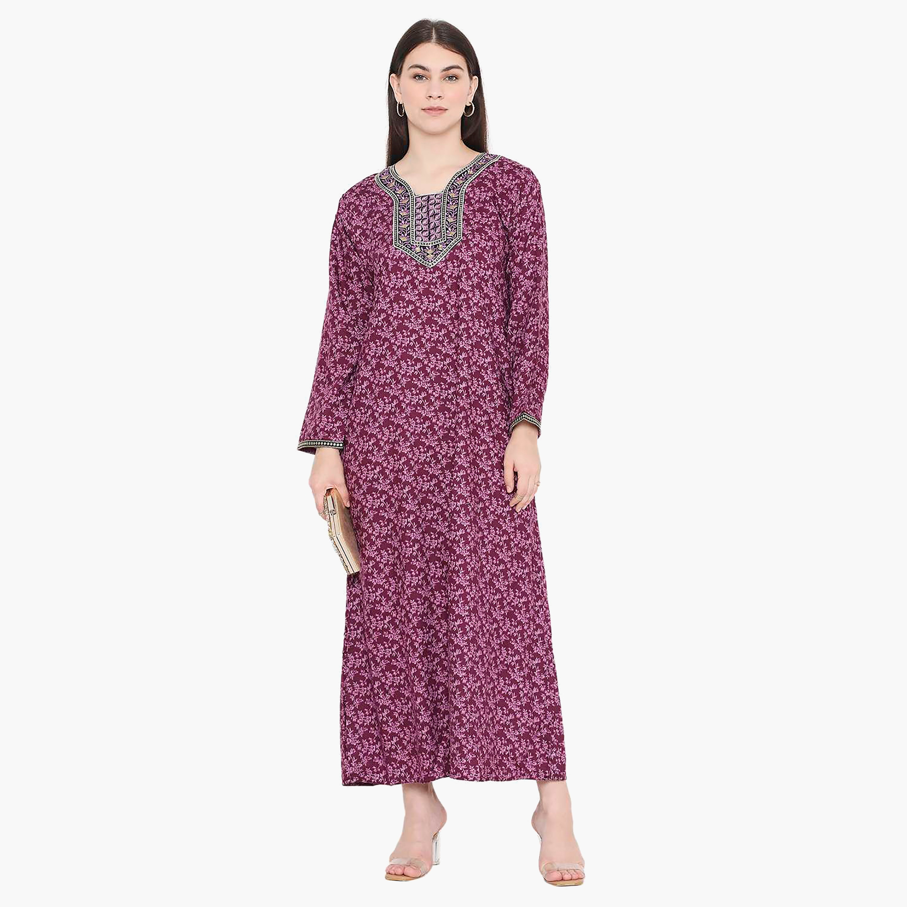 Hana & Sara Floral Embroidered Knot Neck Detail Women's Jalabiya-women-arabicclothing-jalabiyas-image-11