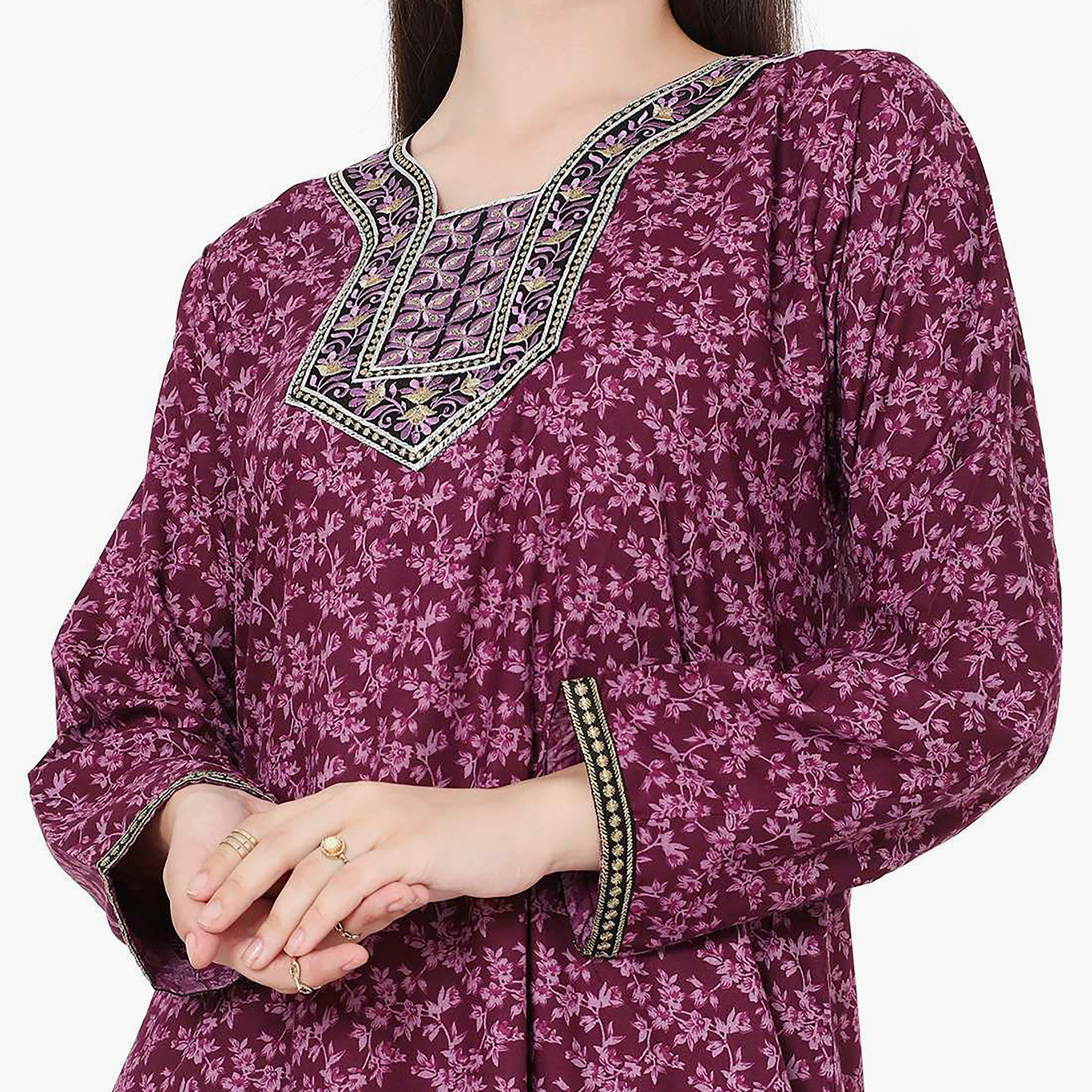 Hana & Sara Floral Embroidered Knot Neck Detail Women's Jalabiya-women-arabicclothing-jalabiyas-image-12