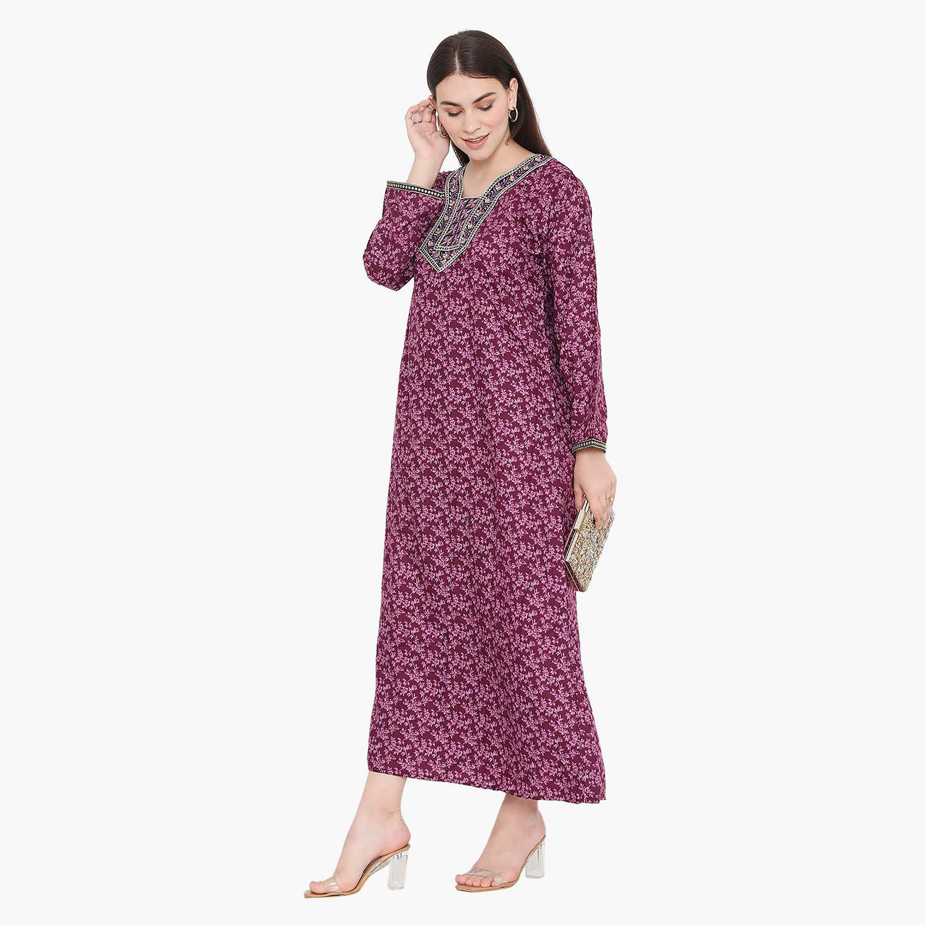 Hana & Sara Floral Embroidered Knot Neck Detail Women's Jalabiya-women-arabicclothing-jalabiyas-image-13