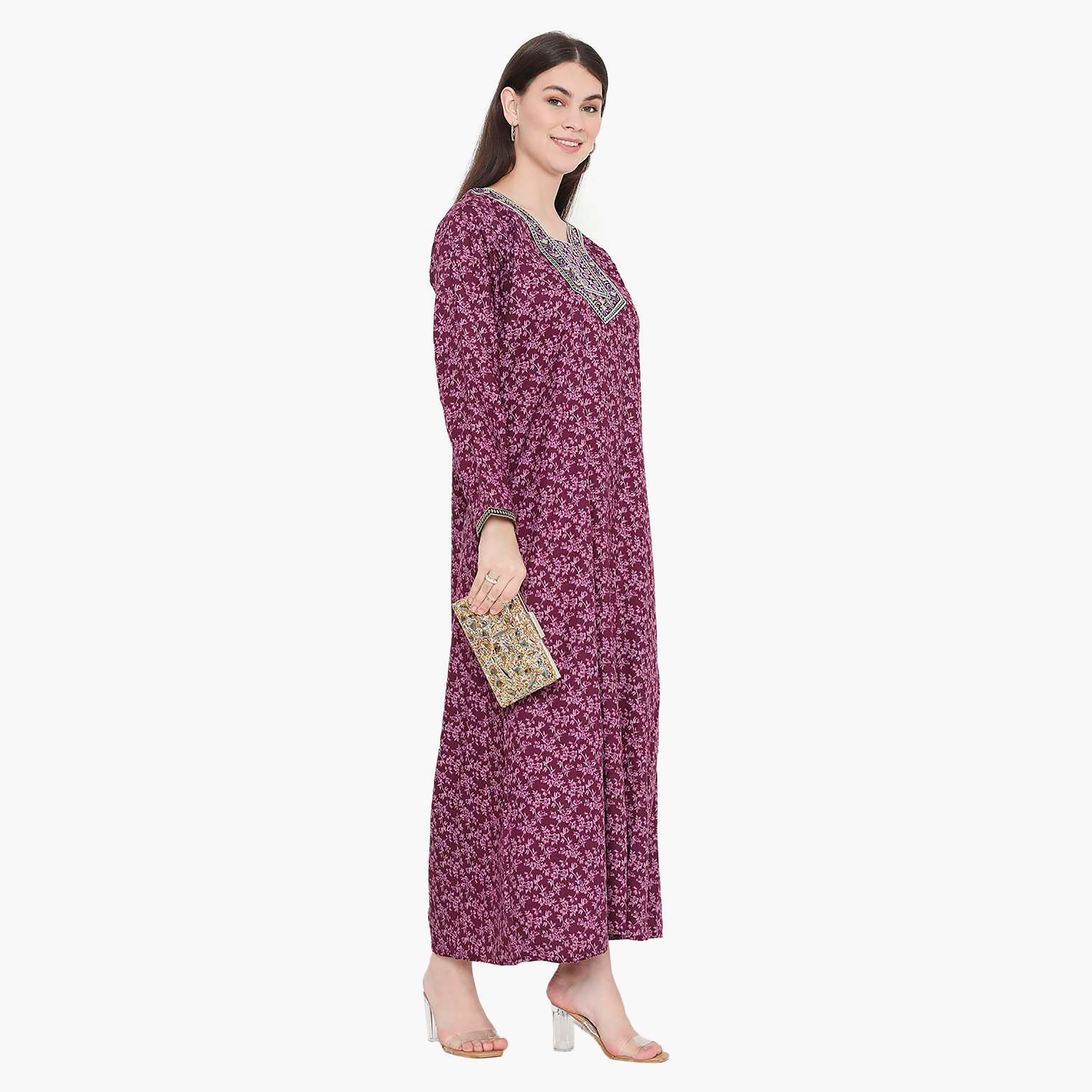 Hana & Sara Floral Embroidered Knot Neck Detail Women's Jalabiya-women-arabicclothing-jalabiyas-image-14