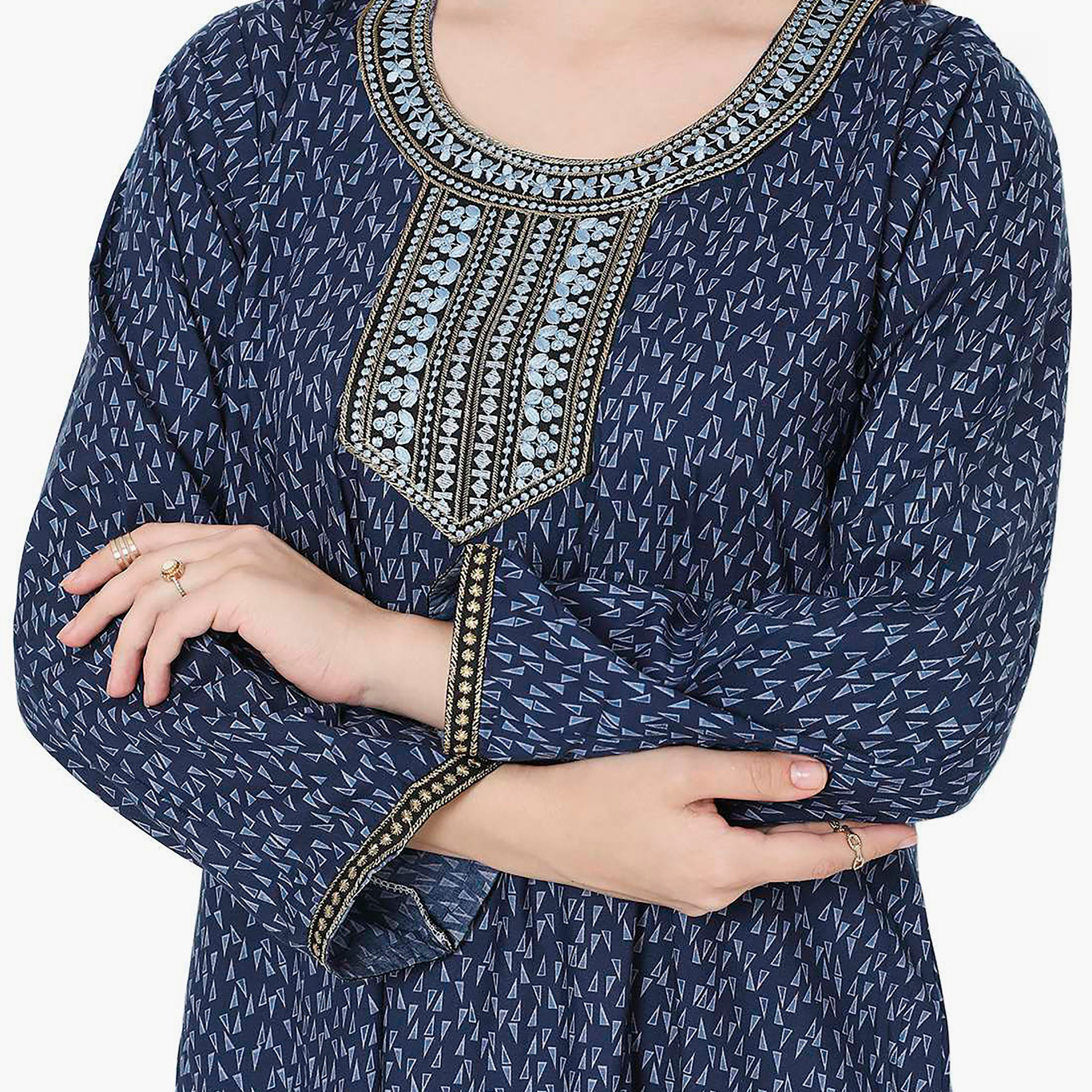 Hana & Sara Printed Embroidered Knot Neck Detail Women's Jalabiya-women-arabicclothing-jalabiyas-image-2