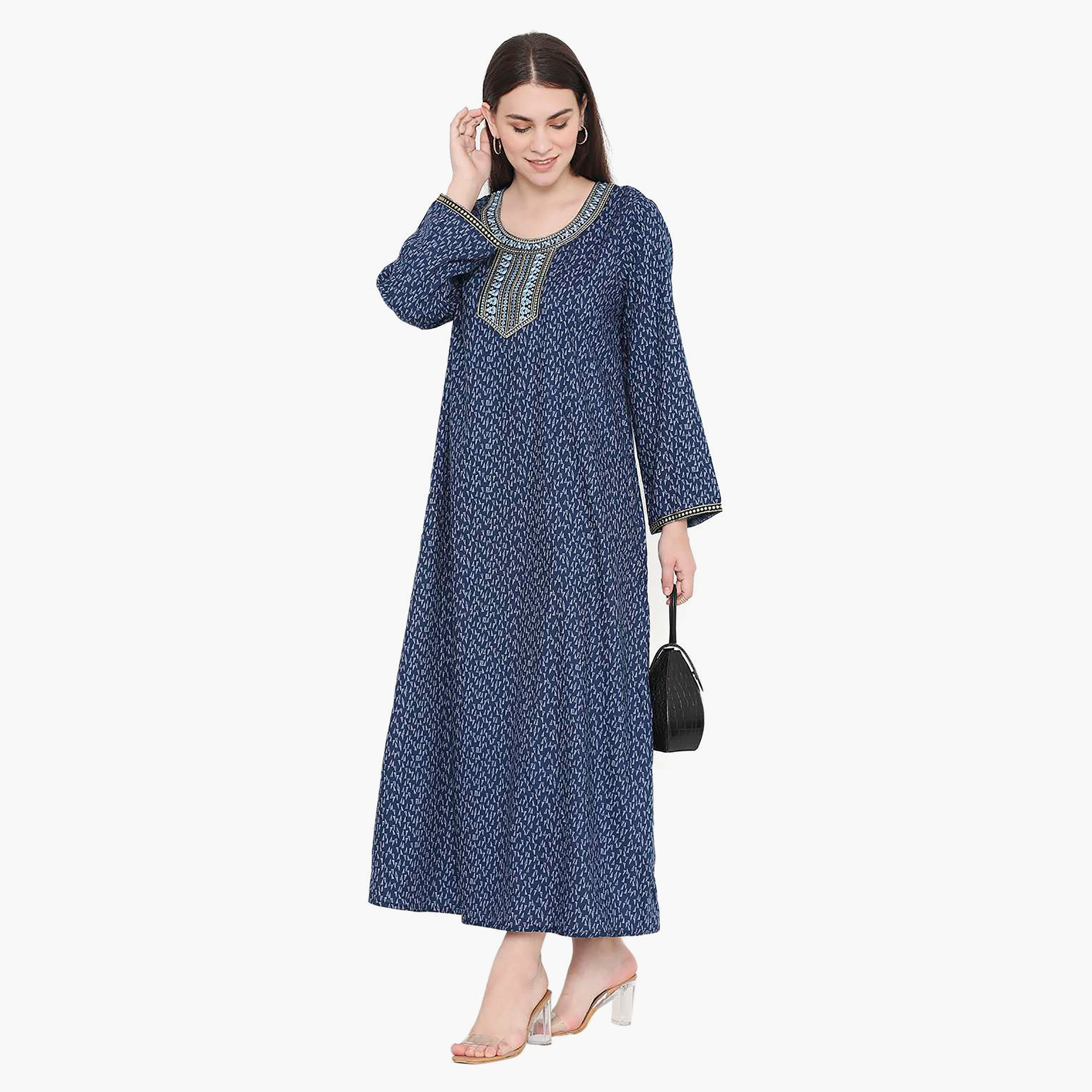 Hana & Sara Printed Embroidered Knot Neck Detail Women's Jalabiya-women-arabicclothing-jalabiyas-image-4