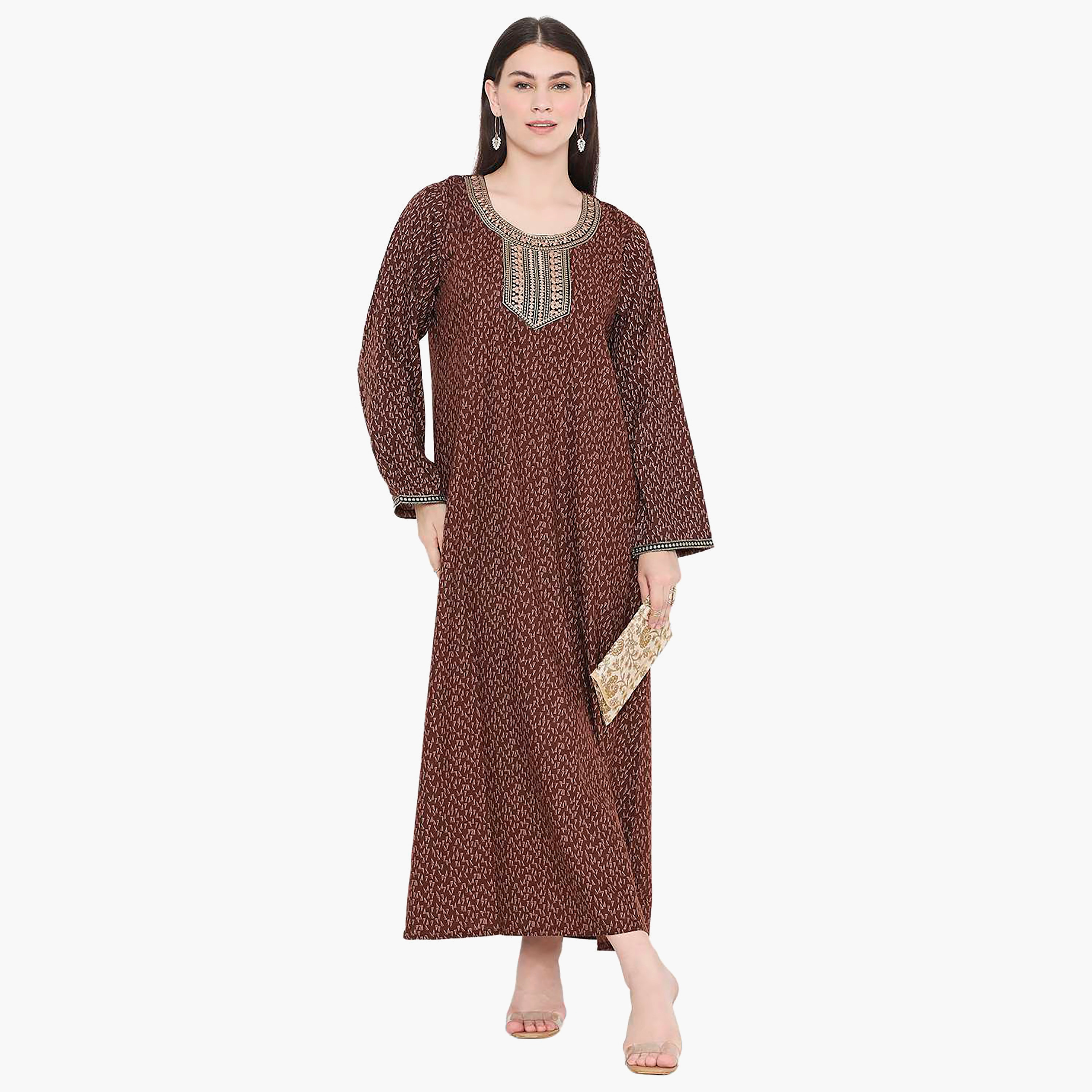 Hana & Sara Printed Embroidered Knot Neck Detail Women's Jalabiya-women-arabicclothing-jalabiyas-image-6