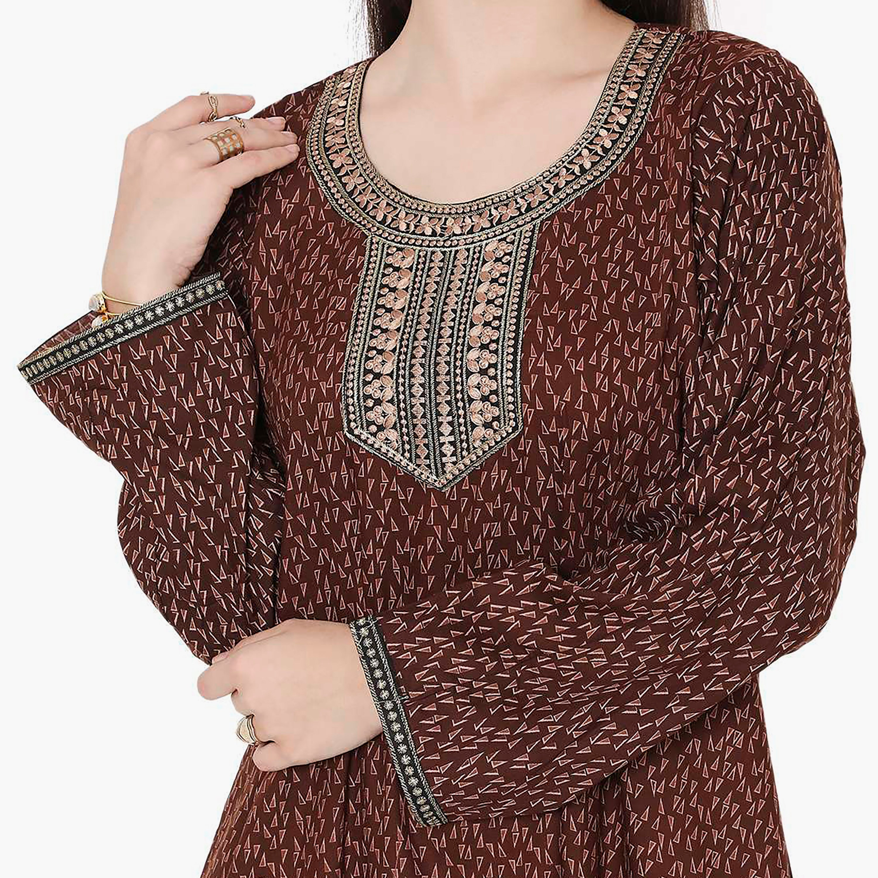 Hana & Sara Printed Embroidered Knot Neck Detail Women's Jalabiya-women-arabicclothing-jalabiyas-image-7