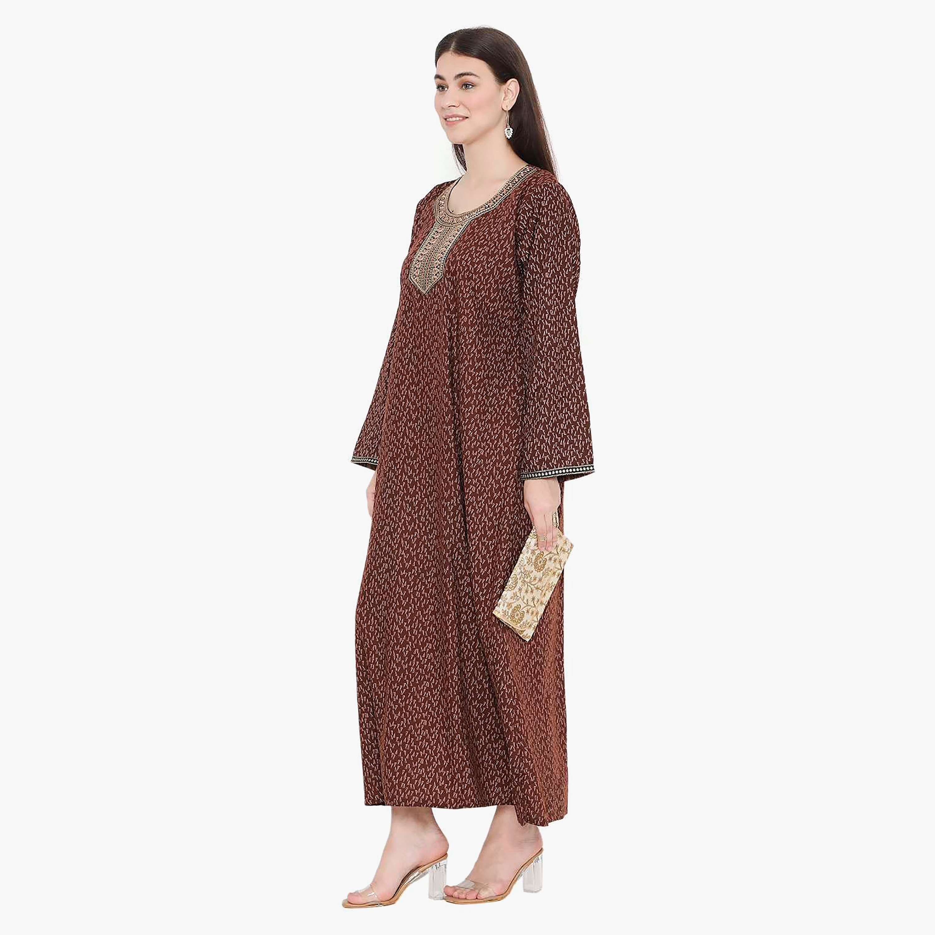 Hana & Sara Printed Embroidered Knot Neck Detail Women's Jalabiya-women-arabicclothing-jalabiyas-image-8