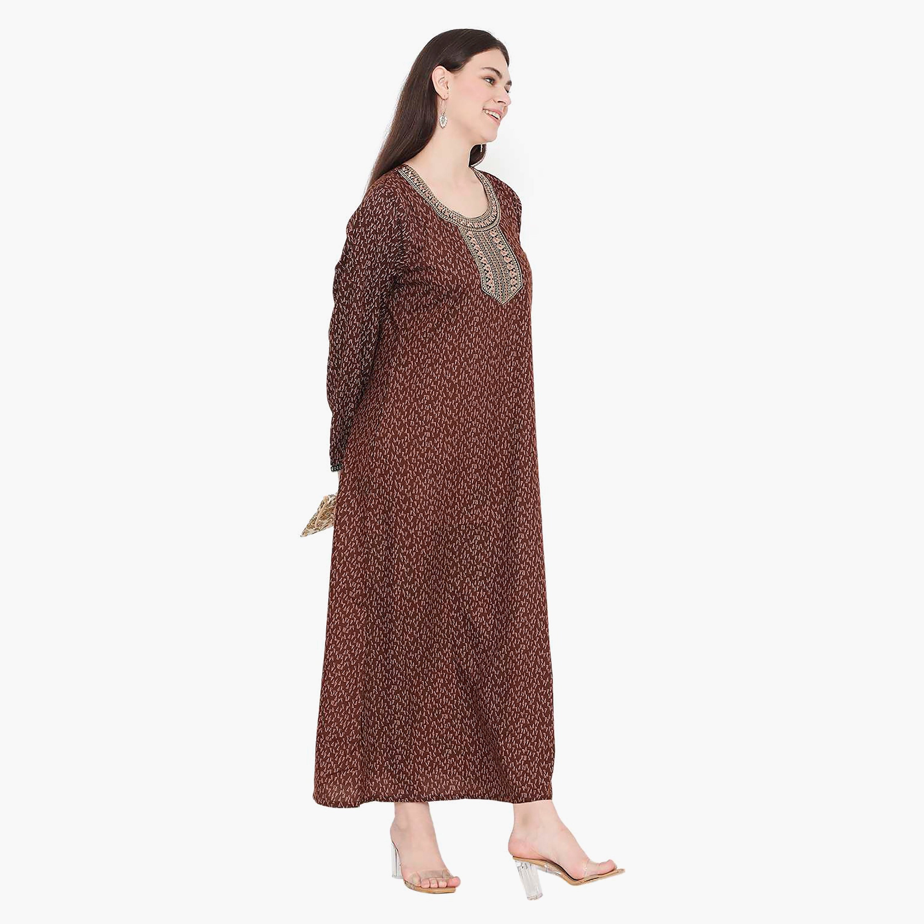 Hana & Sara Printed Embroidered Knot Neck Detail Women's Jalabiya-women-arabicclothing-jalabiyas-image-9