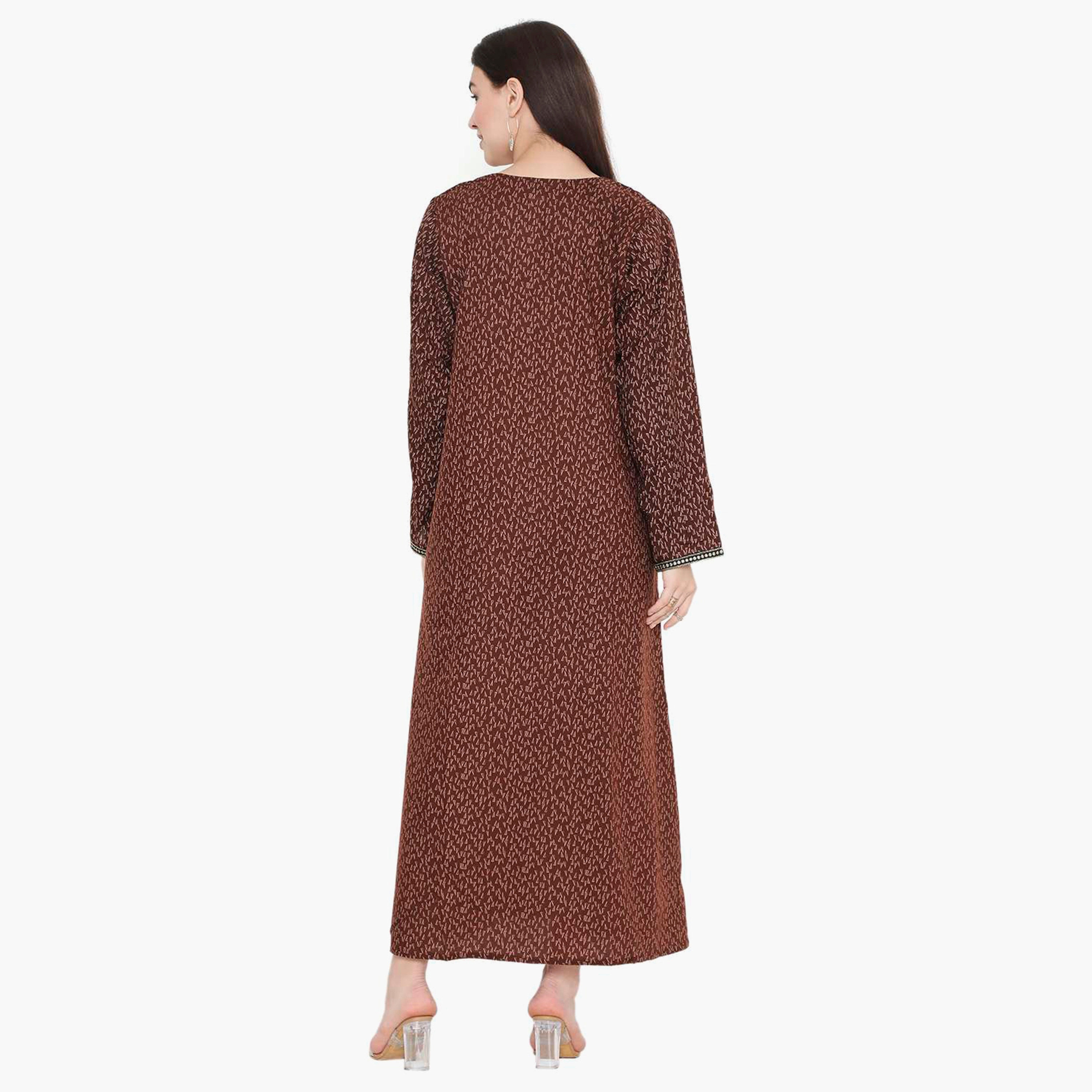 Hana & Sara Printed Embroidered Knot Neck Detail Women's Jalabiya-women-arabicclothing-jalabiyas-image-10