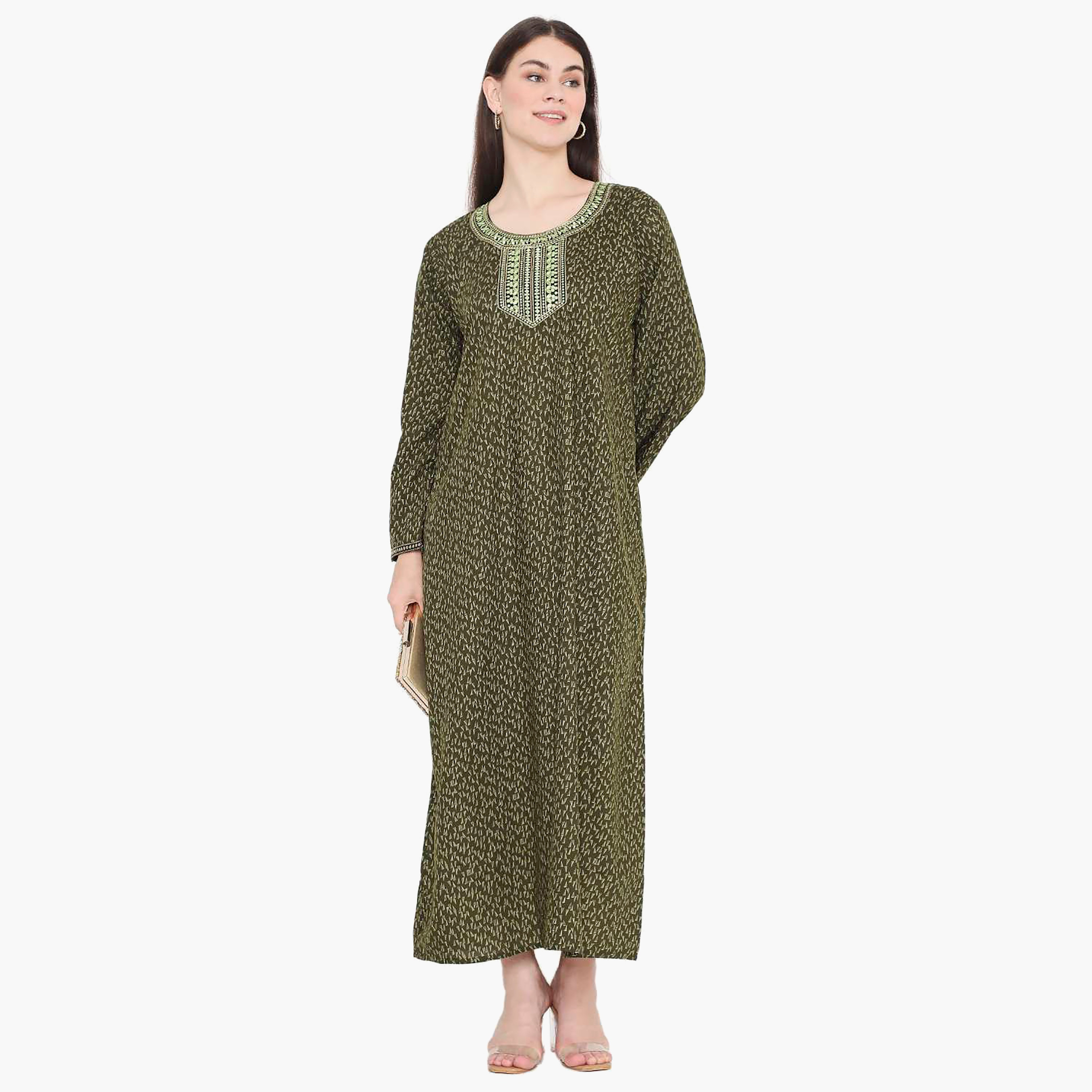 Hana & Sara Printed Embroidered Knot Neck Detail Women's Jalabiya-women-arabicclothing-jalabiyas-image-11