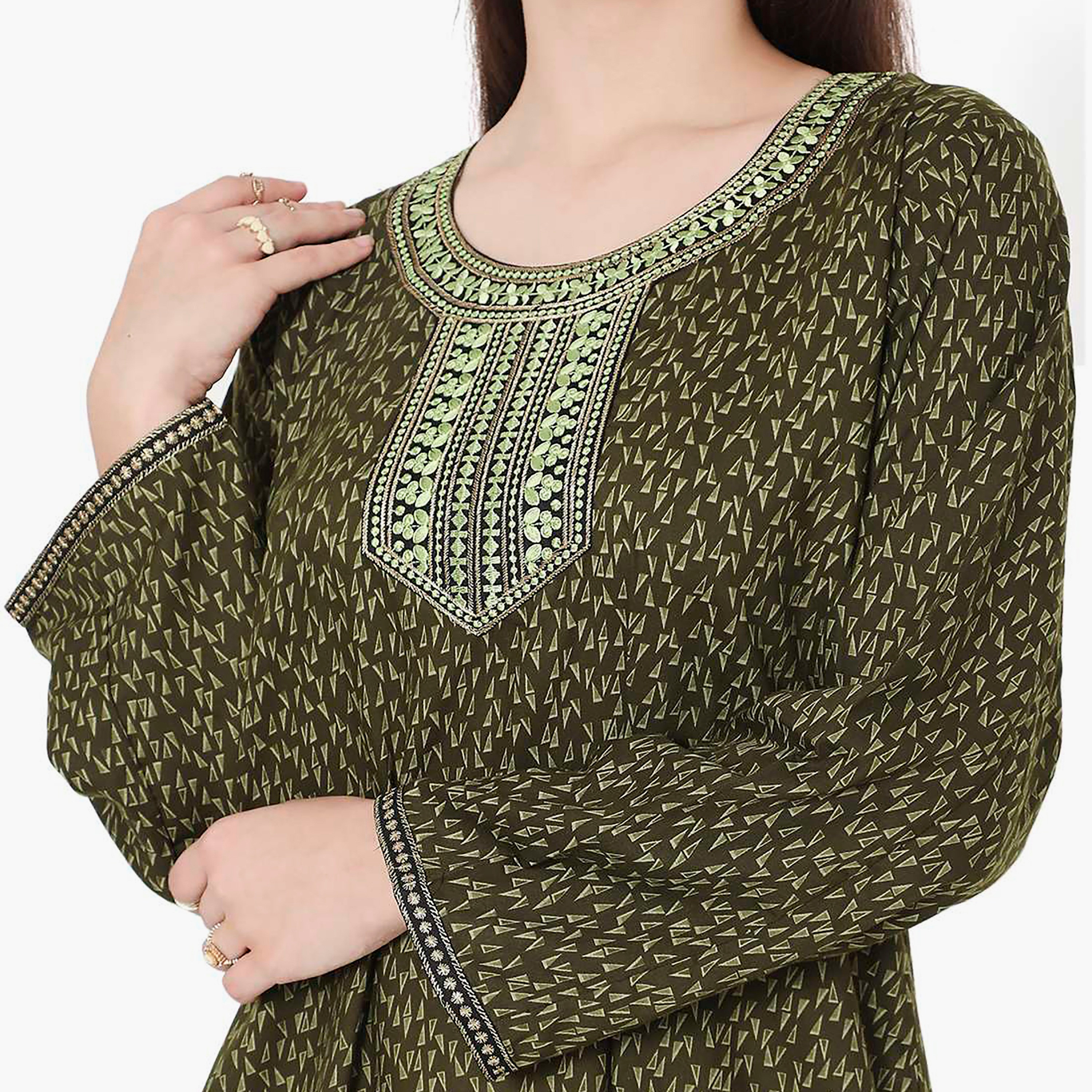 Hana & Sara Printed Embroidered Knot Neck Detail Women's Jalabiya-women-arabicclothing-jalabiyas-image-12