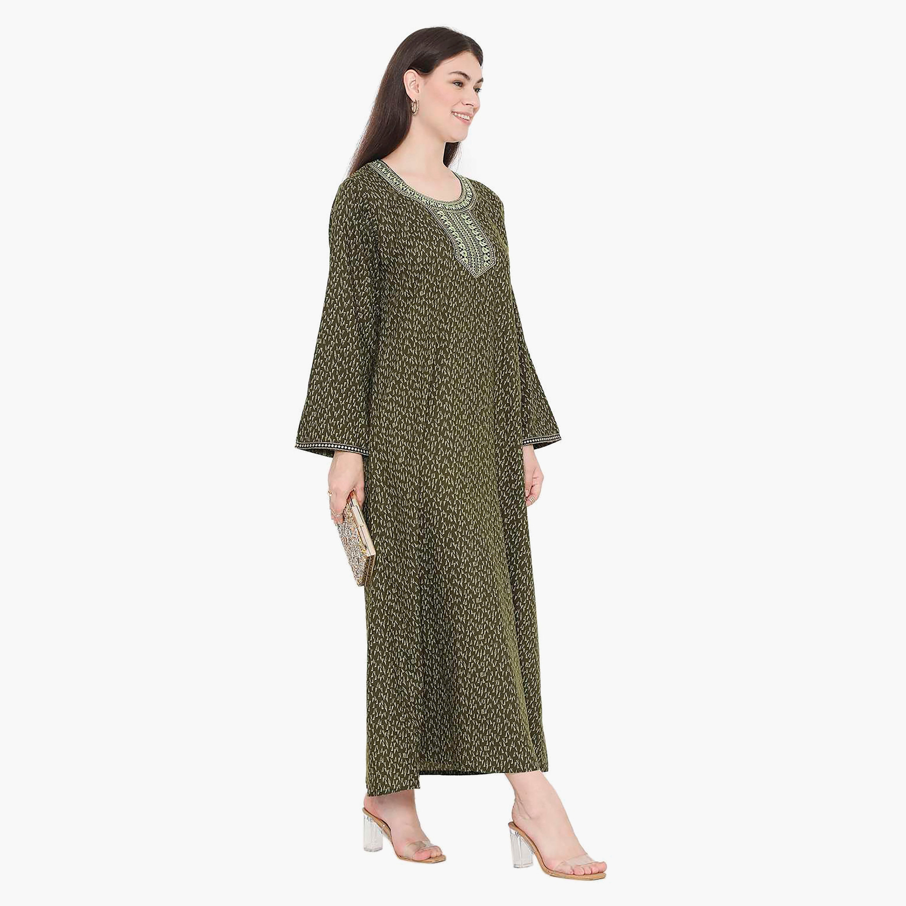 Hana & Sara Printed Embroidered Knot Neck Detail Women's Jalabiya-women-arabicclothing-jalabiyas-image-13