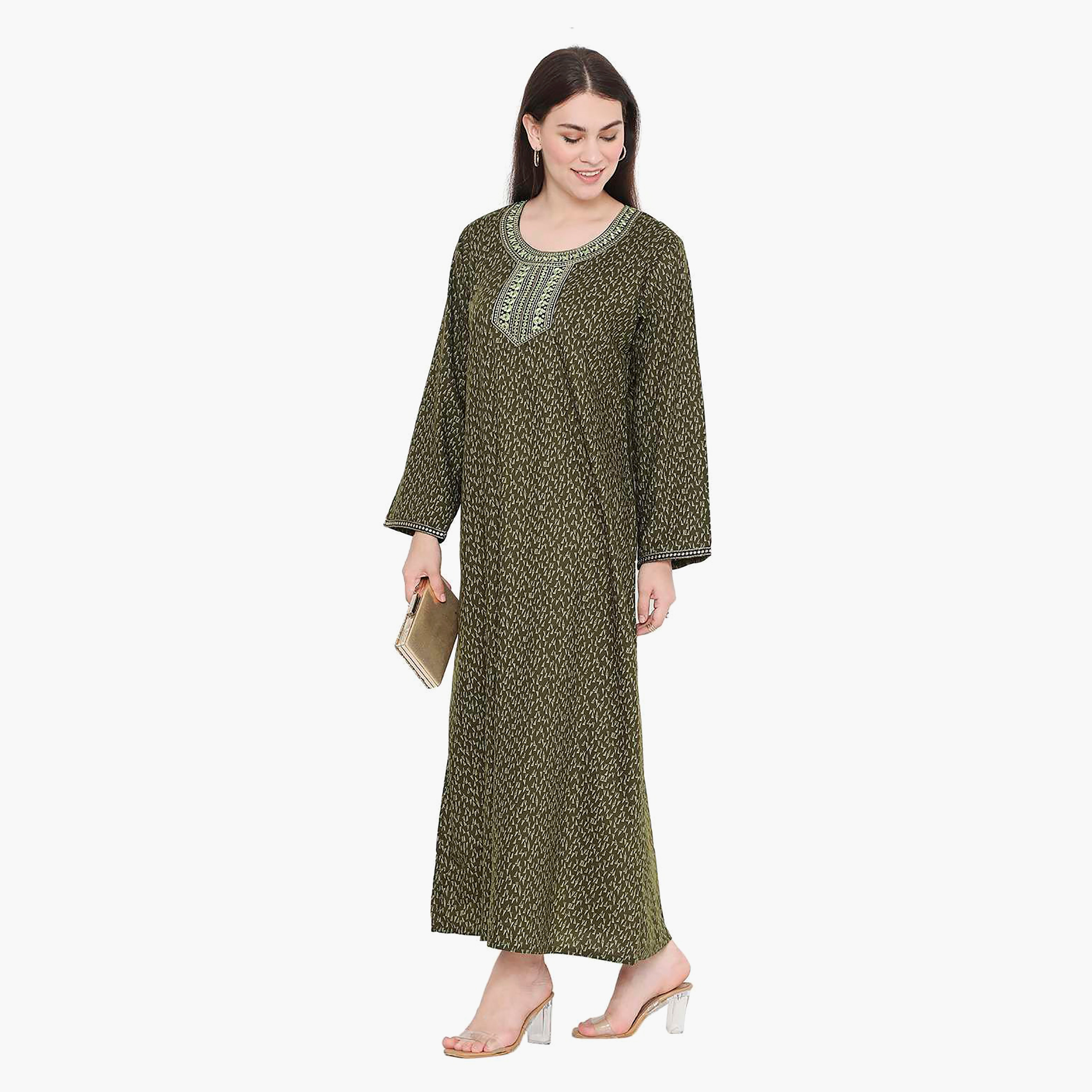 Hana & Sara Printed Embroidered Knot Neck Detail Women's Jalabiya-women-arabicclothing-jalabiyas-image-14