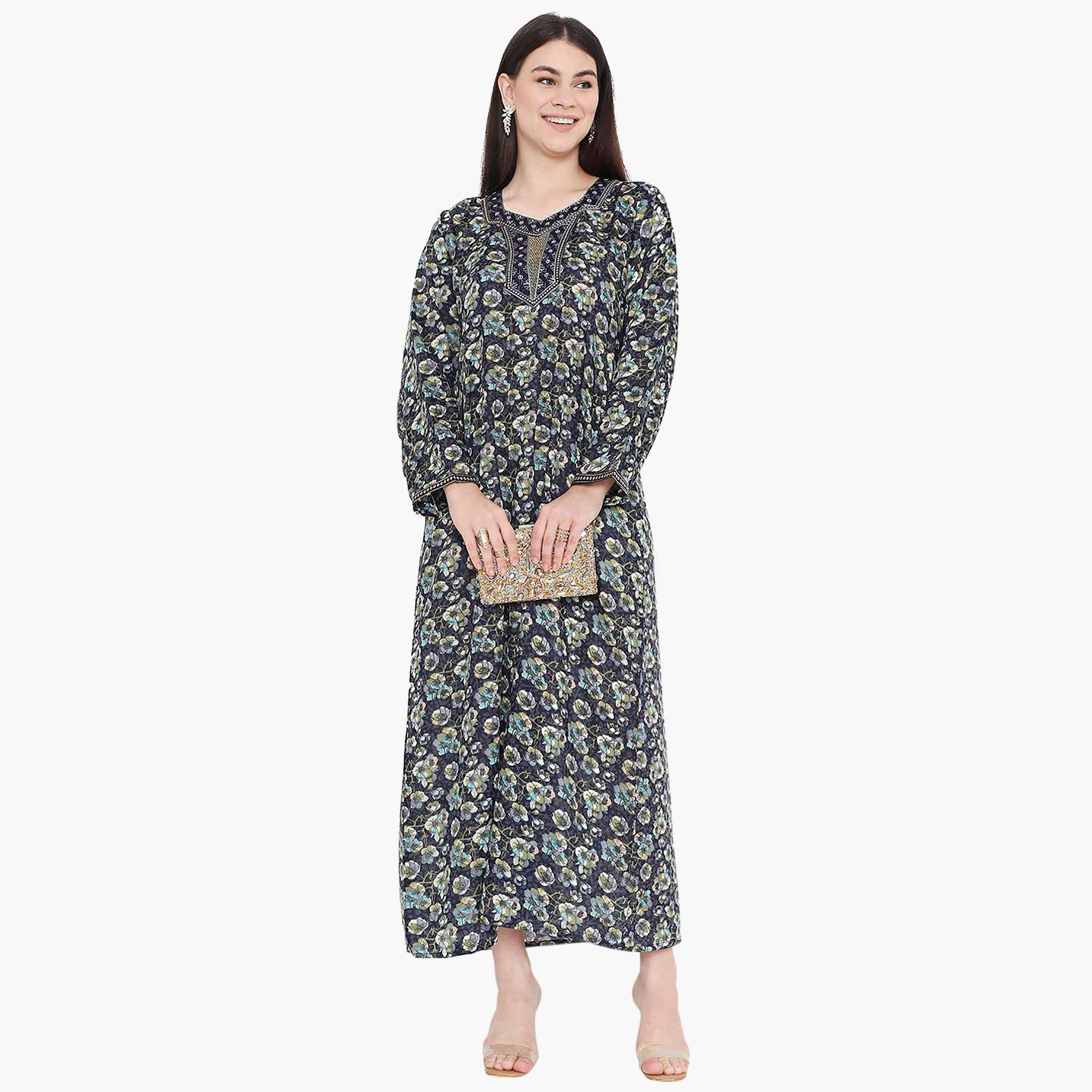 Hana & Sara Floral Square Embroidered Knot Neck Detail Women's Jalabiya-women-arabicclothing-jalabiyas-image-1