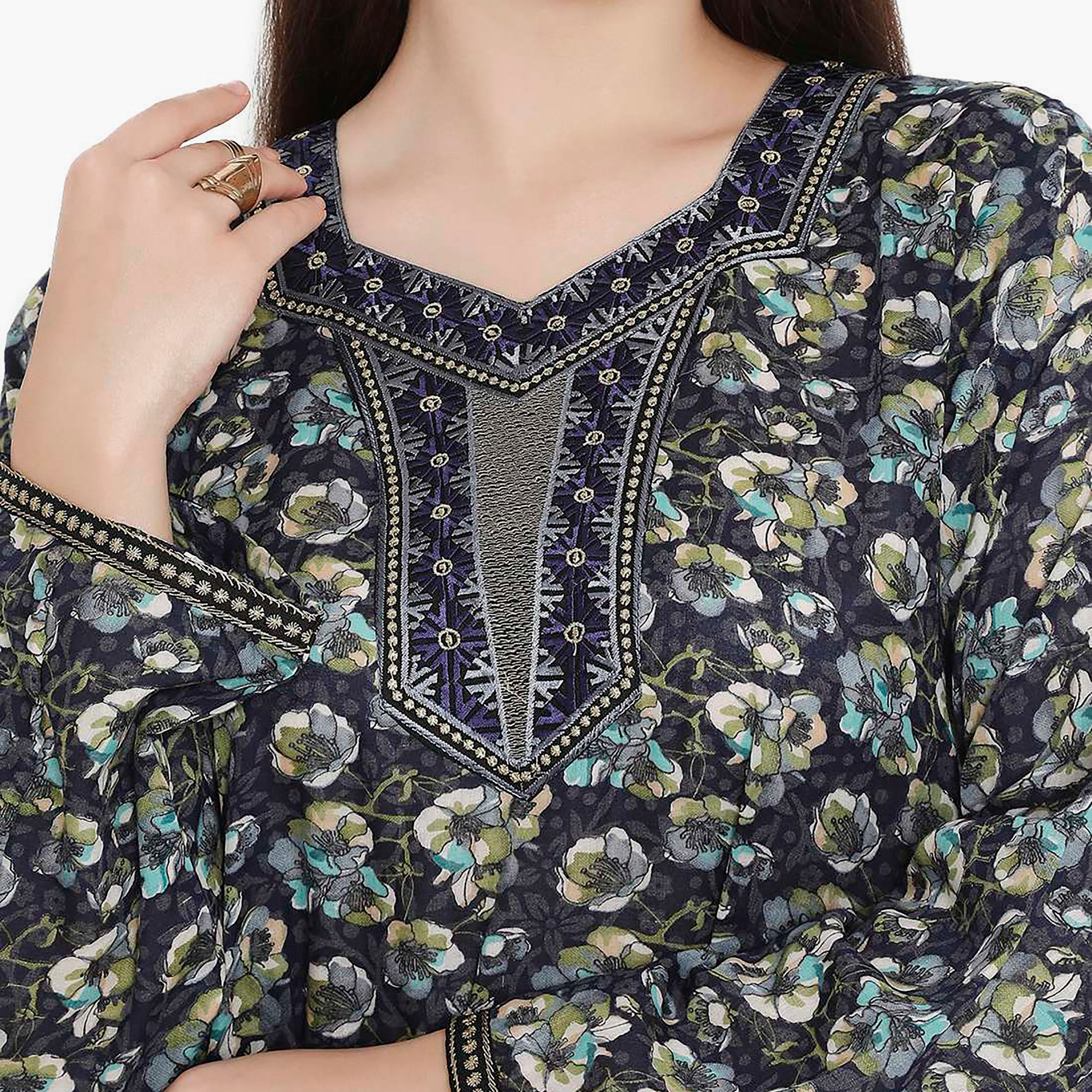 Hana & Sara Floral Square Embroidered Knot Neck Detail Women's Jalabiya-women-arabicclothing-jalabiyas-image-2