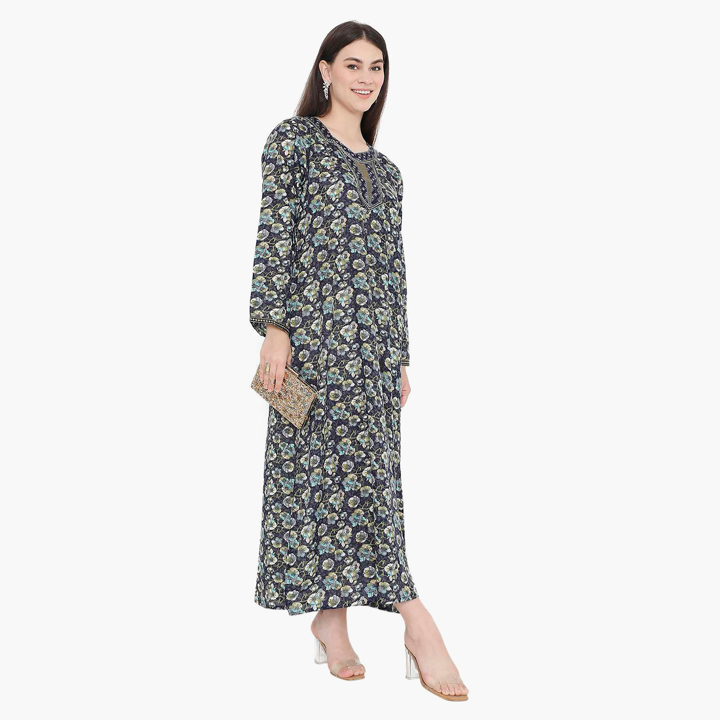 Hana & Sara Floral Square Embroidered Knot Neck Detail Women's Jalabiya-women-arabicclothing-jalabiyas-image-3