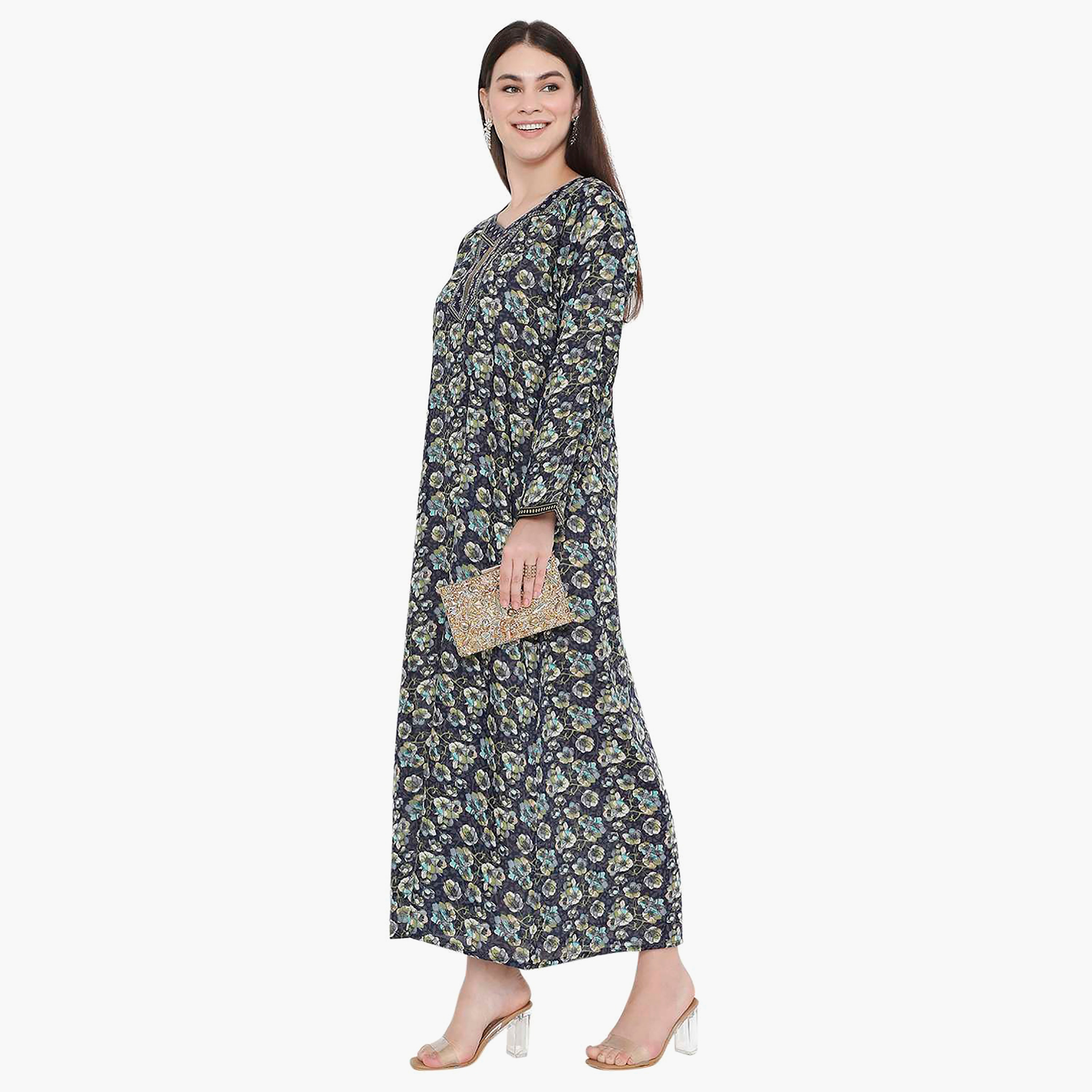Hana & Sara Floral Square Embroidered Knot Neck Detail Women's Jalabiya-women-arabicclothing-jalabiyas-image-4